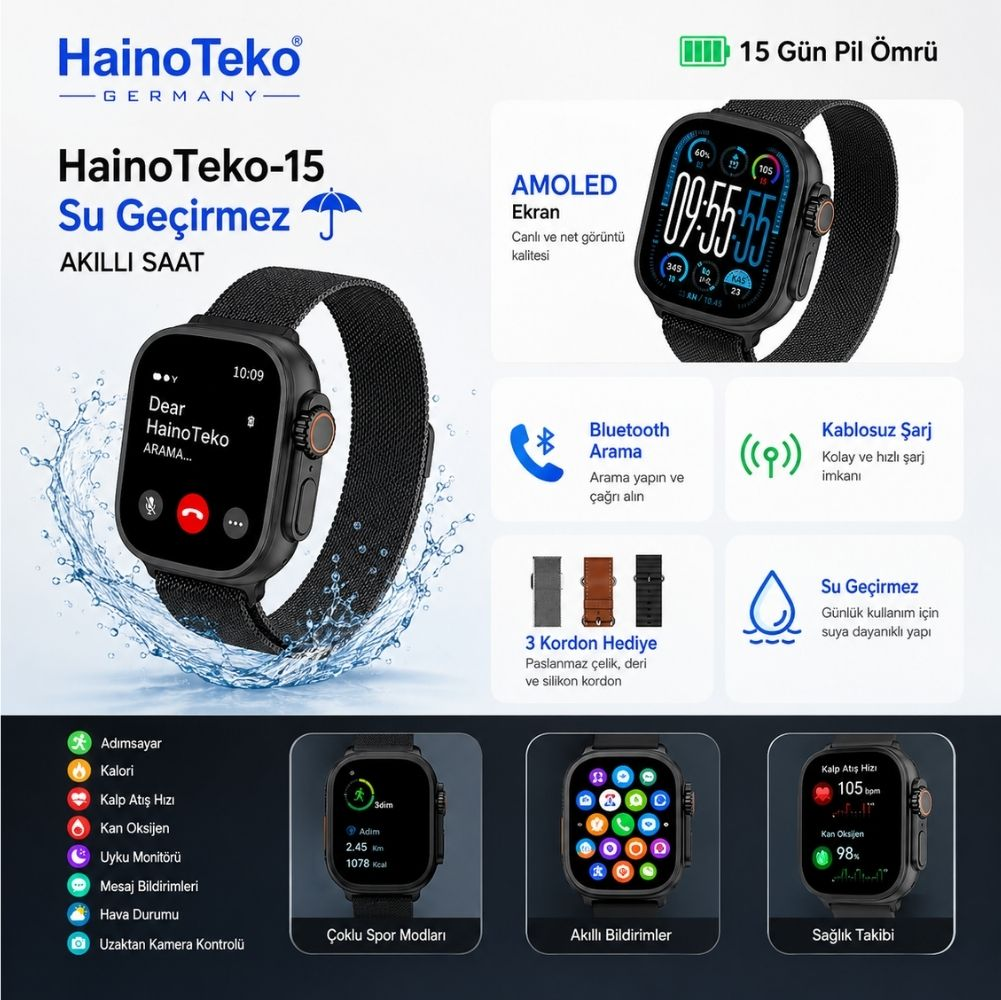 HainoTeko-15 Akıllı Saat, AMOLED ekran, su geçirmez, Bluetooth arama, kablosuz şarj özelliği.