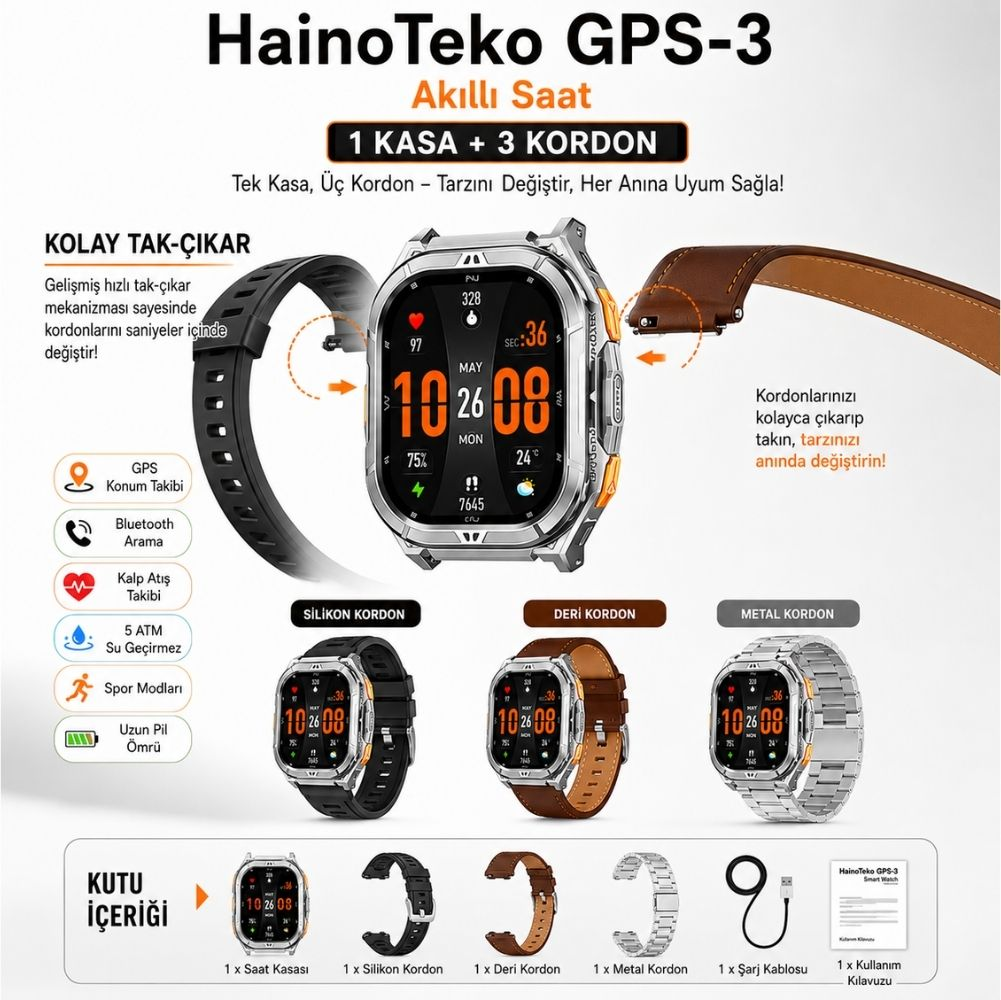 HainoTeko GPS-3 Akıllı Saat: Silikon, Deri, Metal Kordonlu, Kolay Değiştirilebilir.