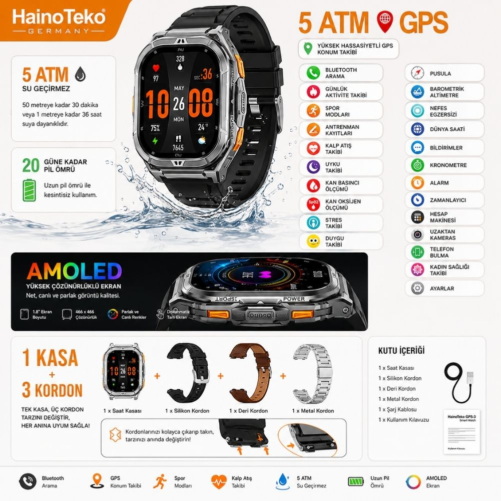 AMOLED ekranlı, 5 ATM su geçirmez, GPS'li, kalp atış hızı ölçümlü, uzun pil ömürlü akıllı saat.