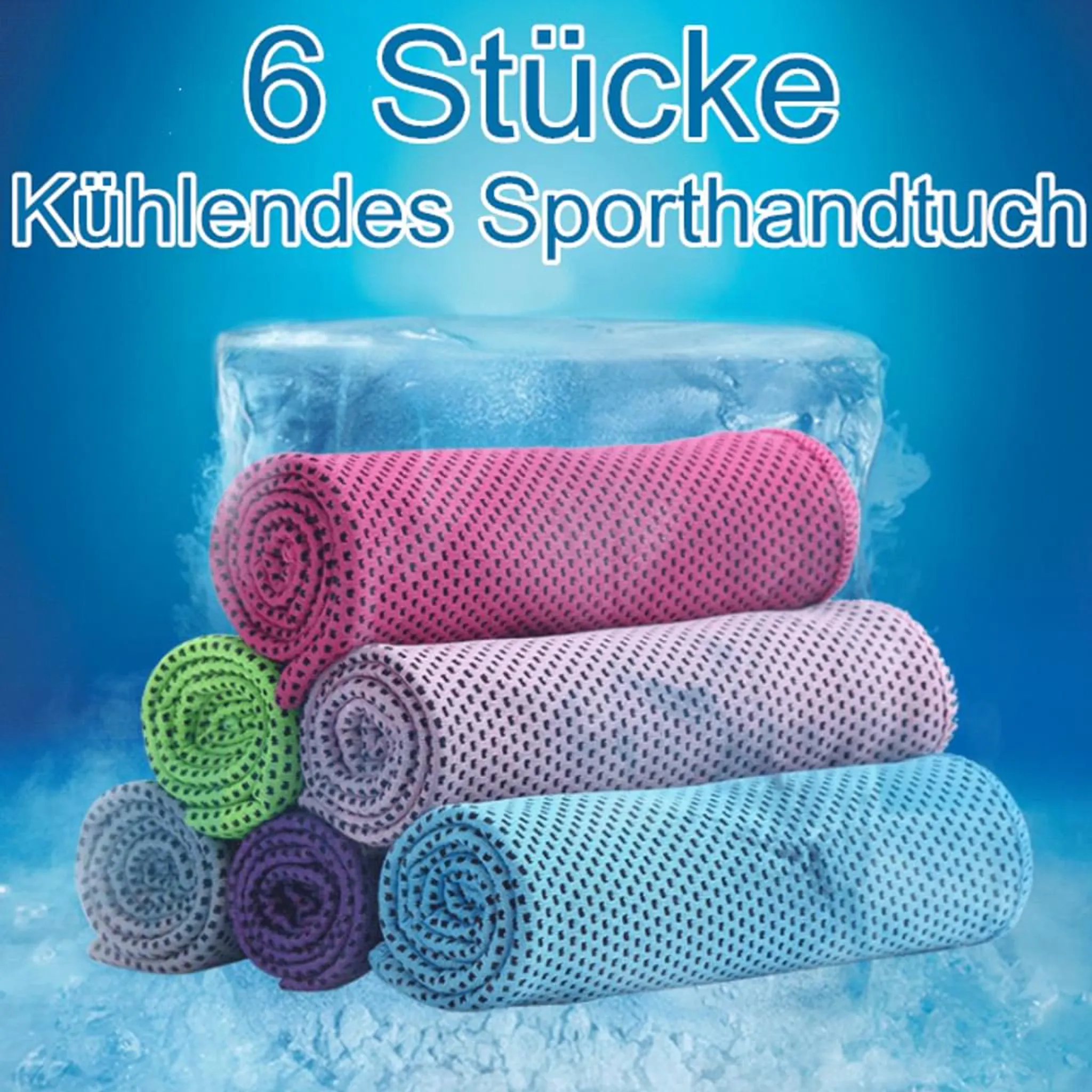 Sechs Kühlhandtücher in Rosa, Lila, Grün, Grau und Blau liegen vor Eis.