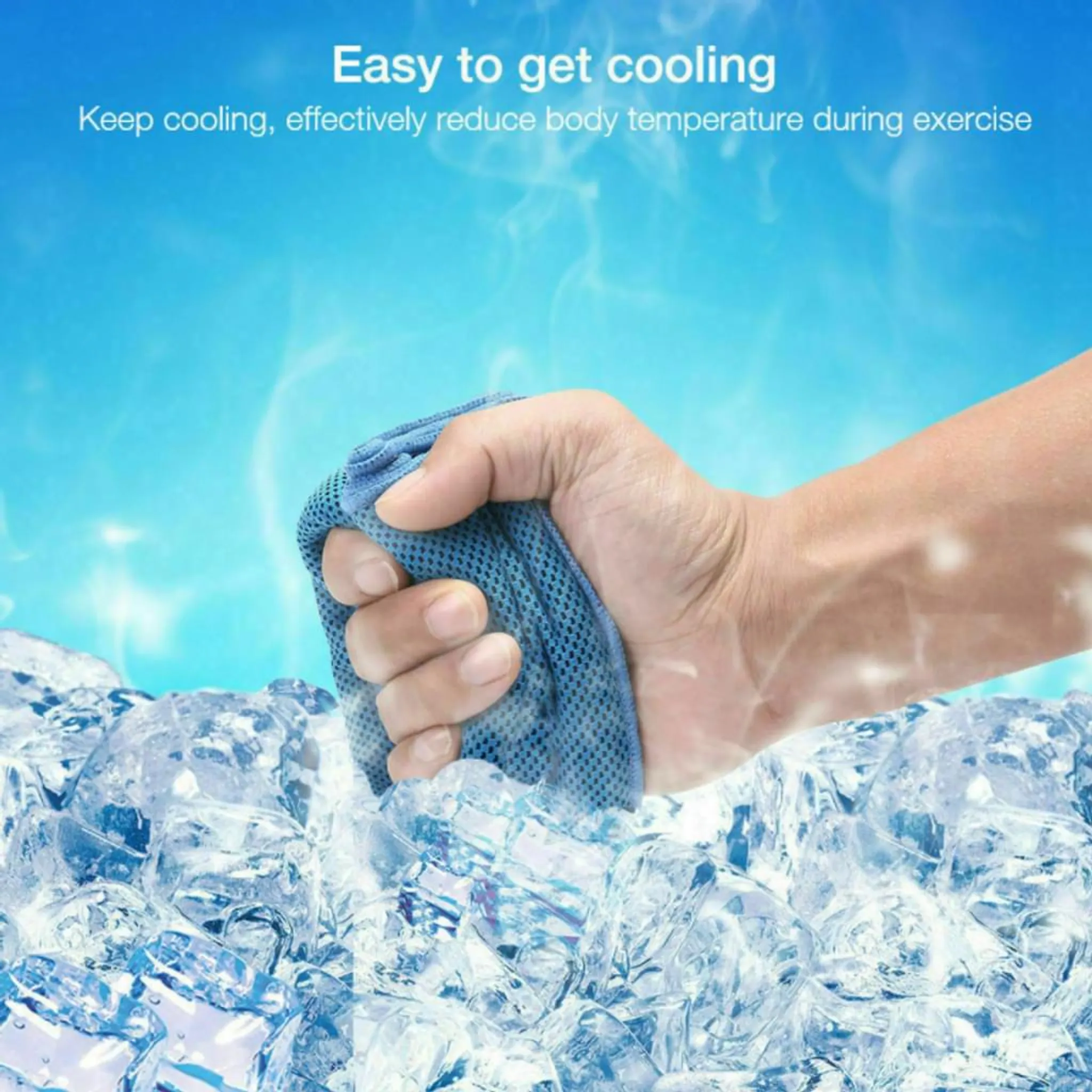 Hand hält blaues Tuch über Eiswürfeln mit blauem Hintergrund.