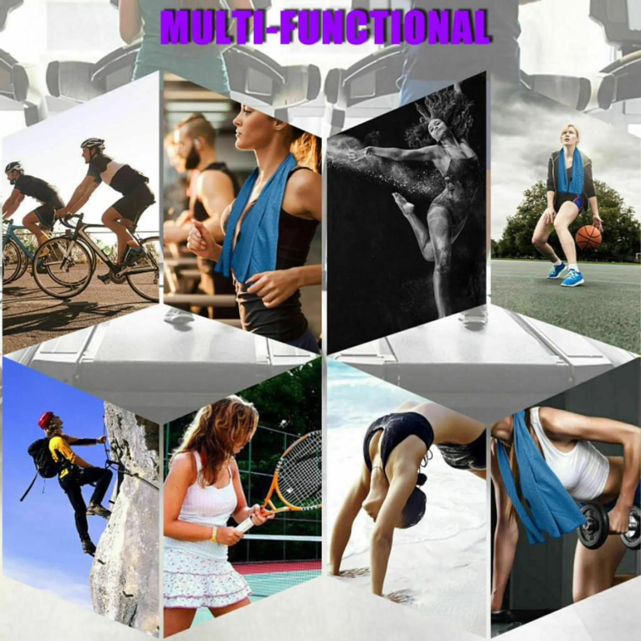Collage zeigt Sportler beim Radfahren, Laufen, Tanzen, Basketball, Klettern, Tennis, Yoga und Gewichtheben.