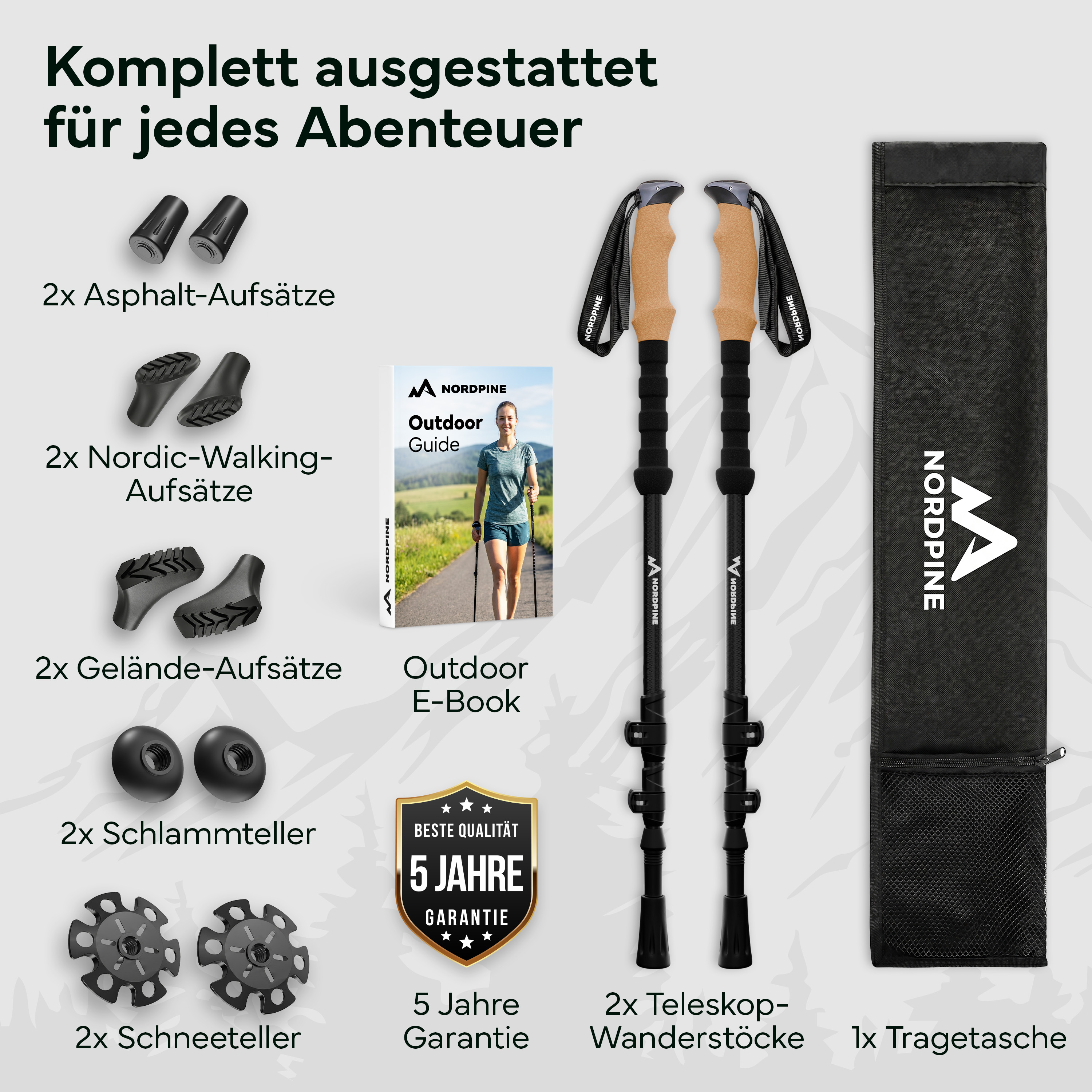 Nordpine Wanderzubehör: Stöcke, Aufsätze, E-Book und Tragetasche.