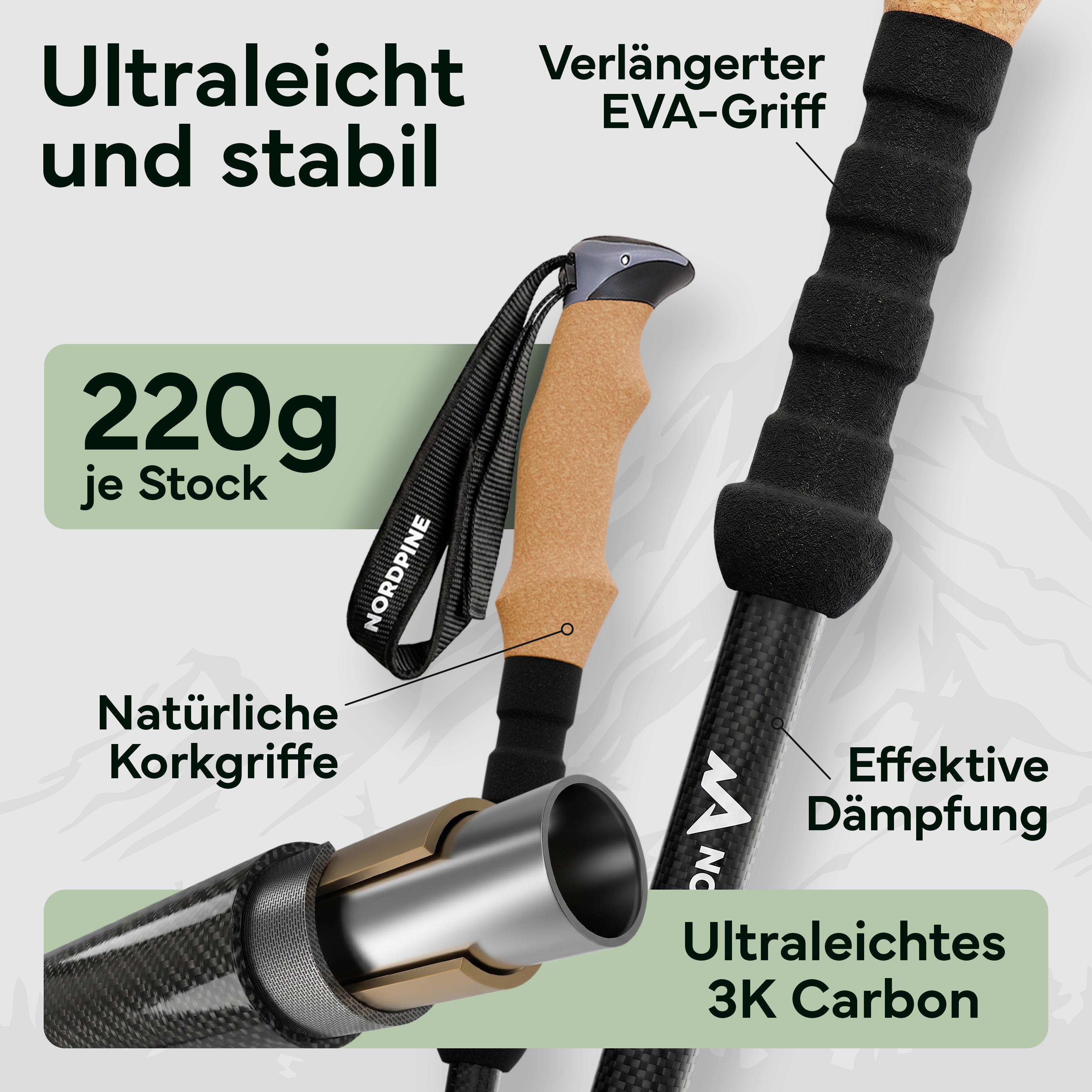 Ultraleichte Trekkingstöcke mit Kork- und EVA-Griffen, 220g, 3K Carbon.