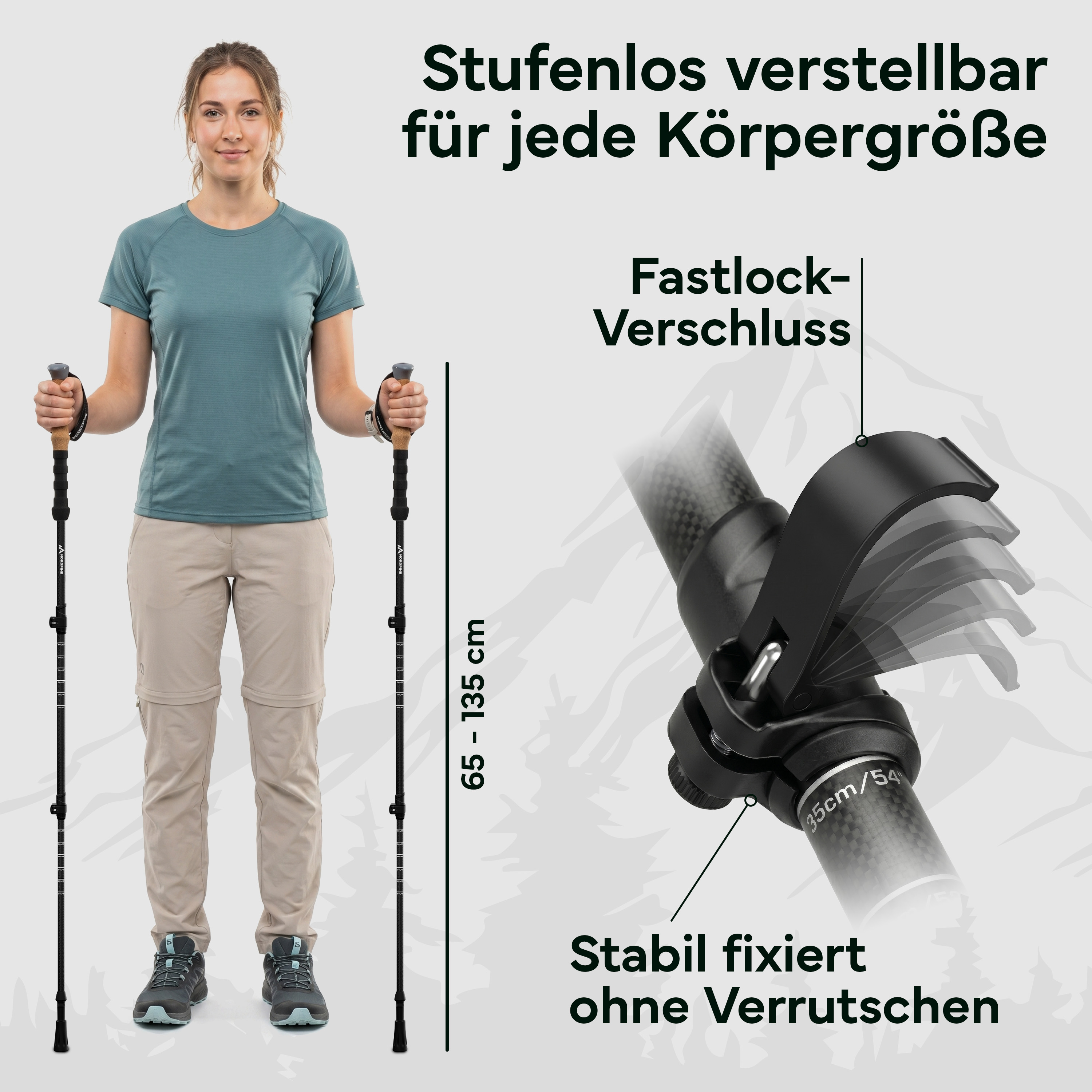 Frau mit Trekkingstöcken, die stufenlos verstellbar sind, 65-135 cm.