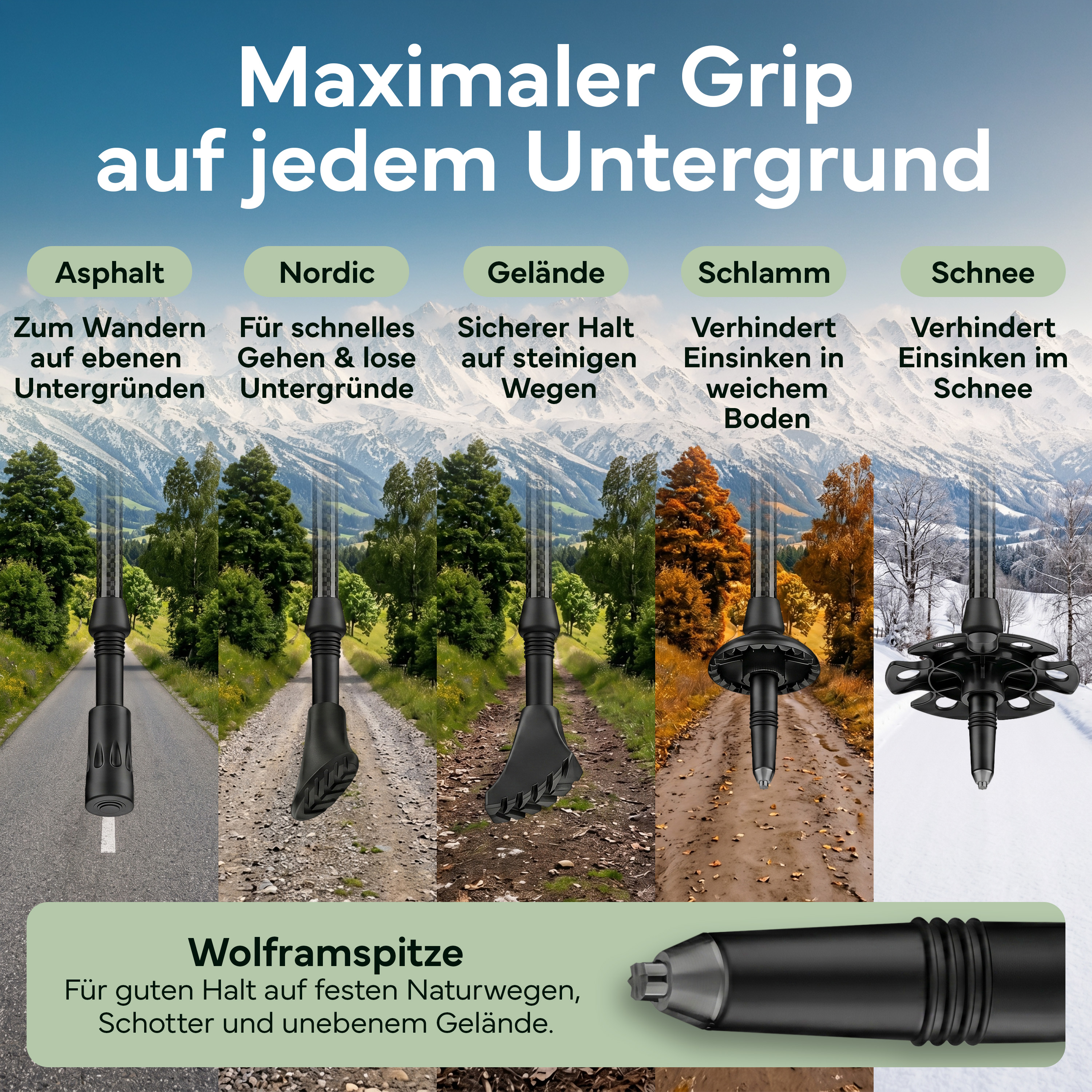 Wanderstöcke für verschiedene Untergründe: Asphalt, Nordic, Gelände, Schlamm, Schnee.