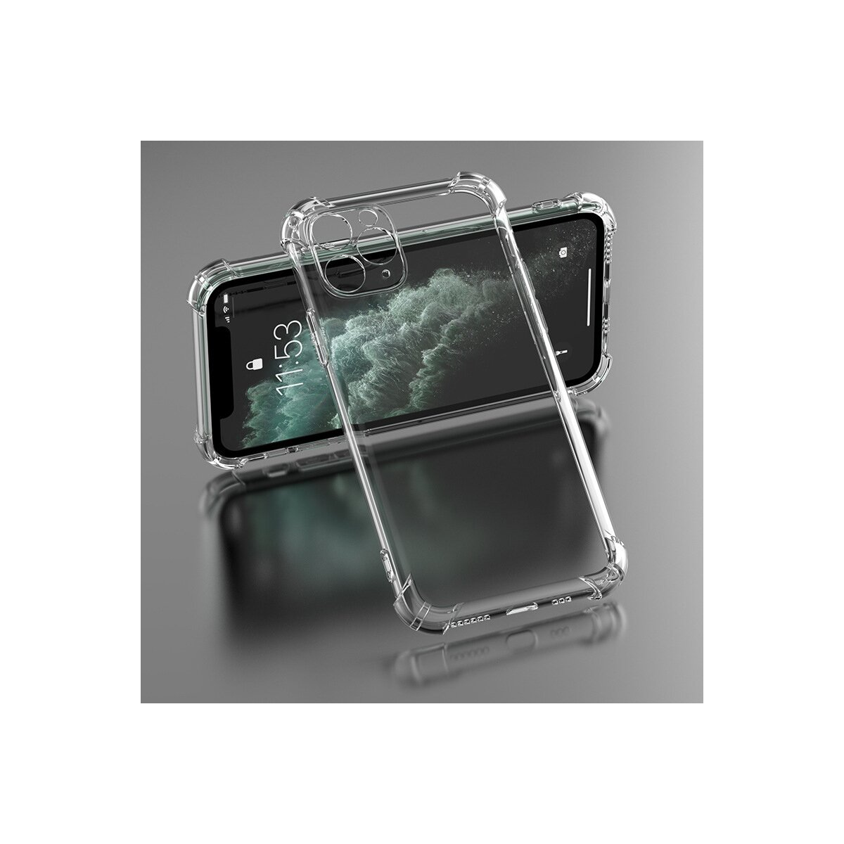 Transparente Schutzhülle für ein Smartphone mit Displayanzeige, auf grauem Hintergrund.