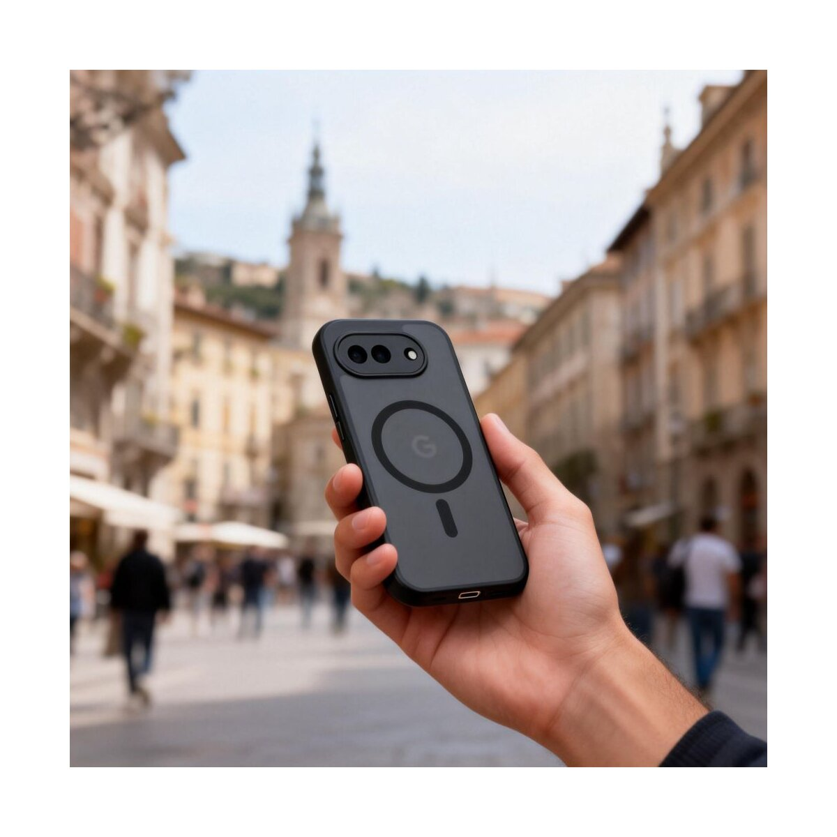Hand hält schwarzes Handy mit drei Kameras und G-Logo vor unscharfer Stadtkulisse.