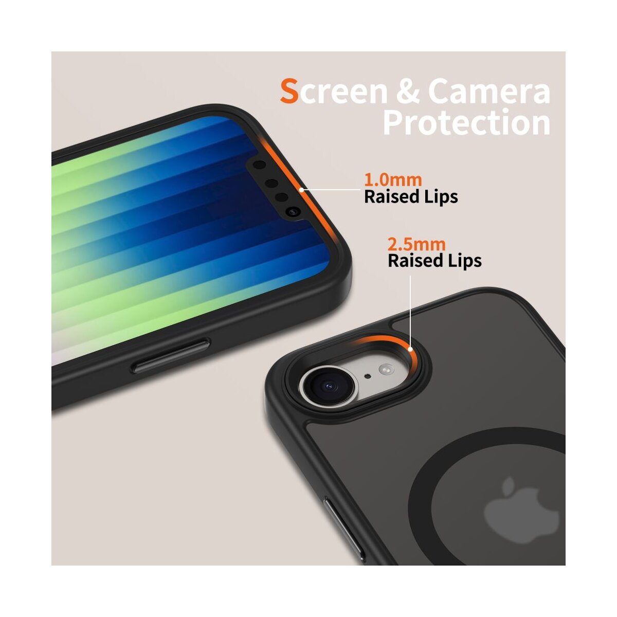 Ein schwarzes iPhone-Schutzcase mit 1,0 mm erhöhten Rändern für den Bildschirm und 2,5 mm für die Kamera.