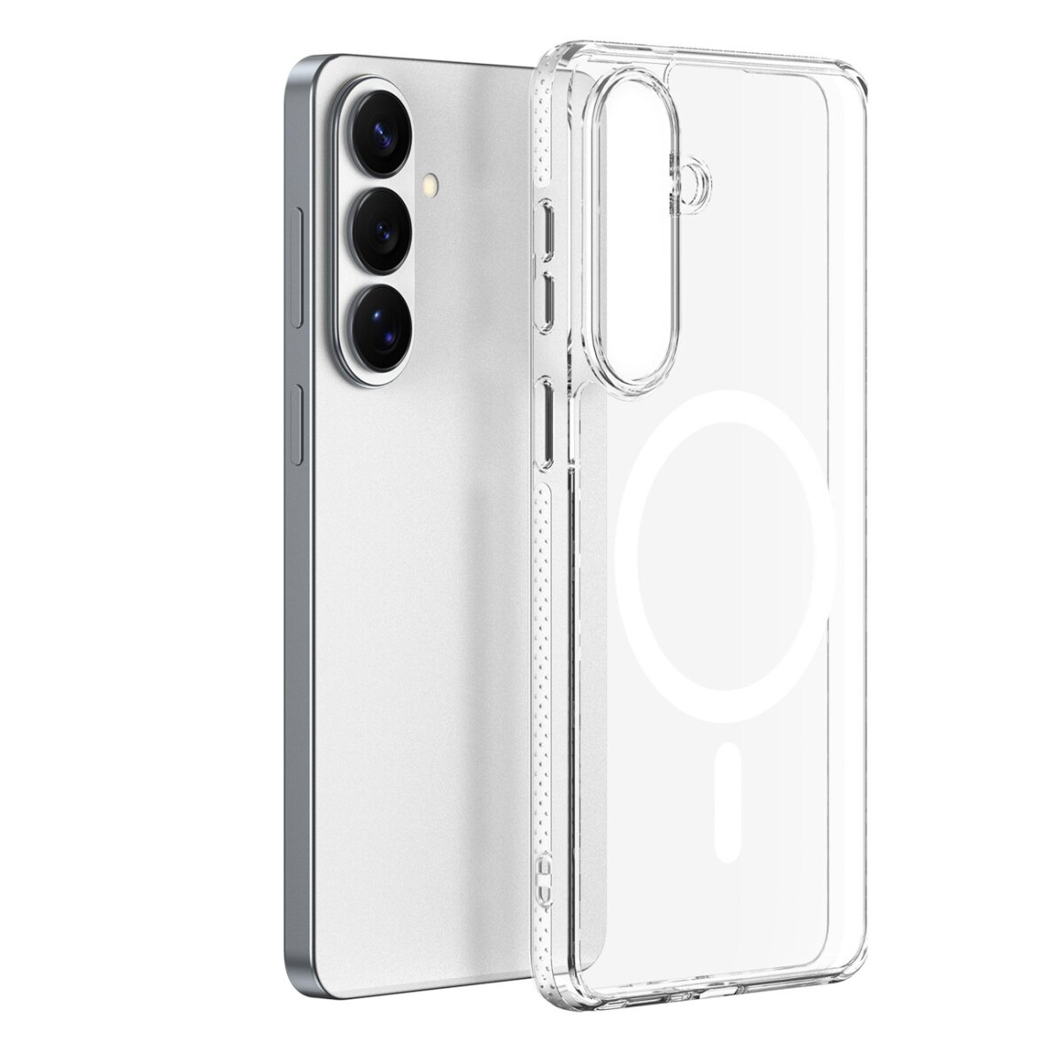 Ein silbernes Smartphone mit drei Kameras neben einer durchsichtigen Hülle.