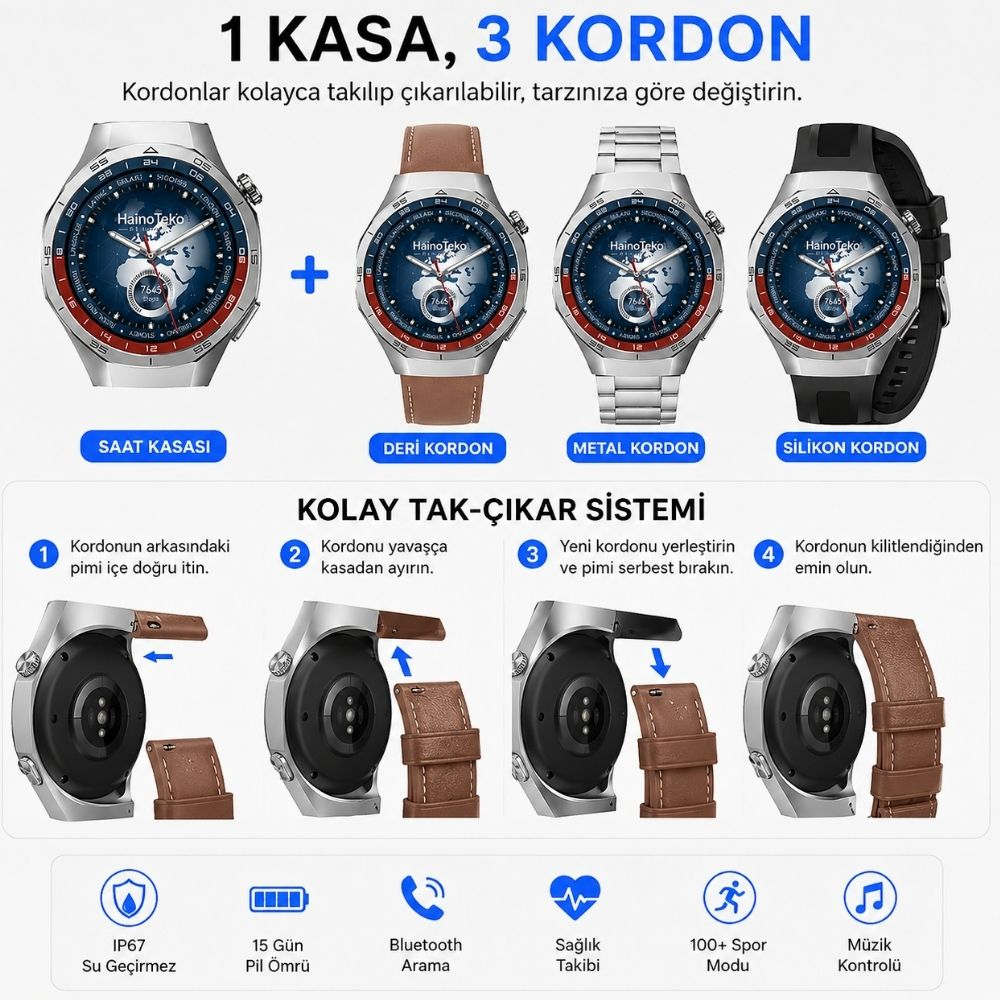 Üç değiştirilebilir kordonlu akıllı saat: deri, metal, silikon.