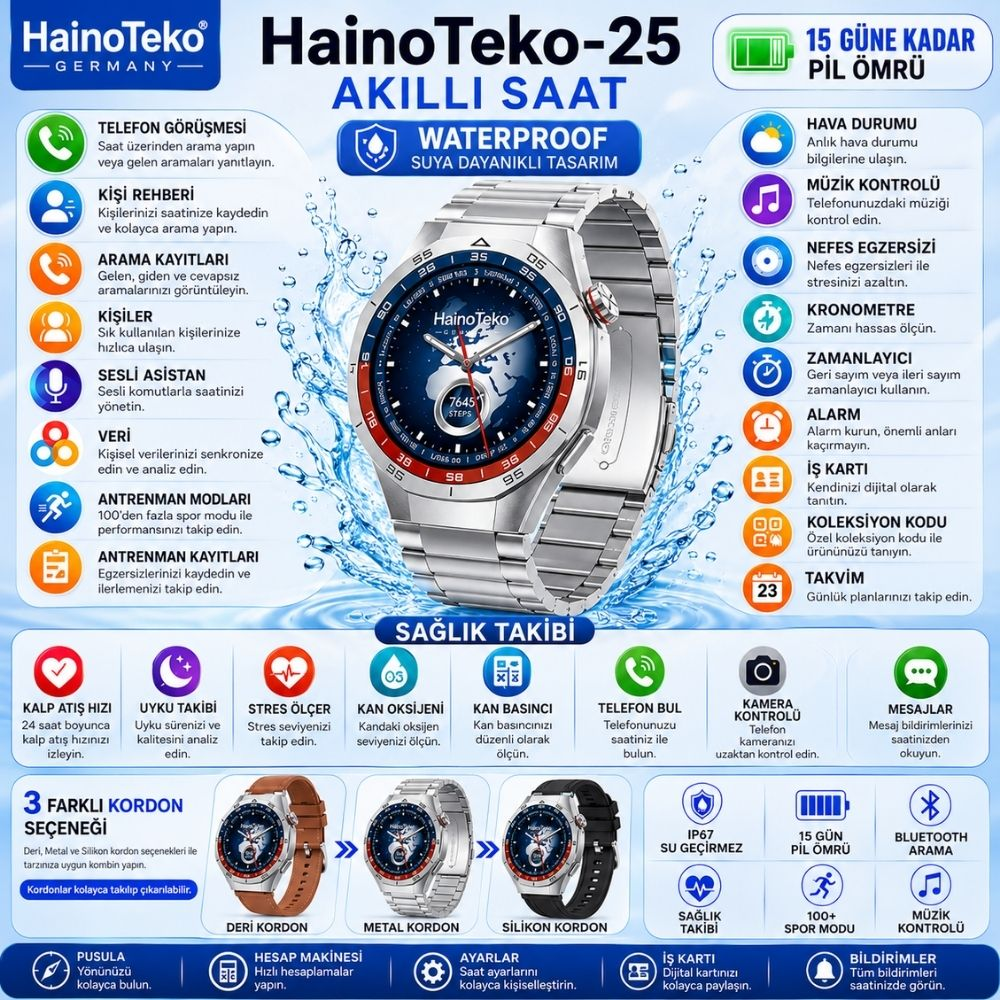 HainoTeko-25 Akıllı Saat: Su geçirmez, 15 gün pil, sağlık ve spor özellikleri.