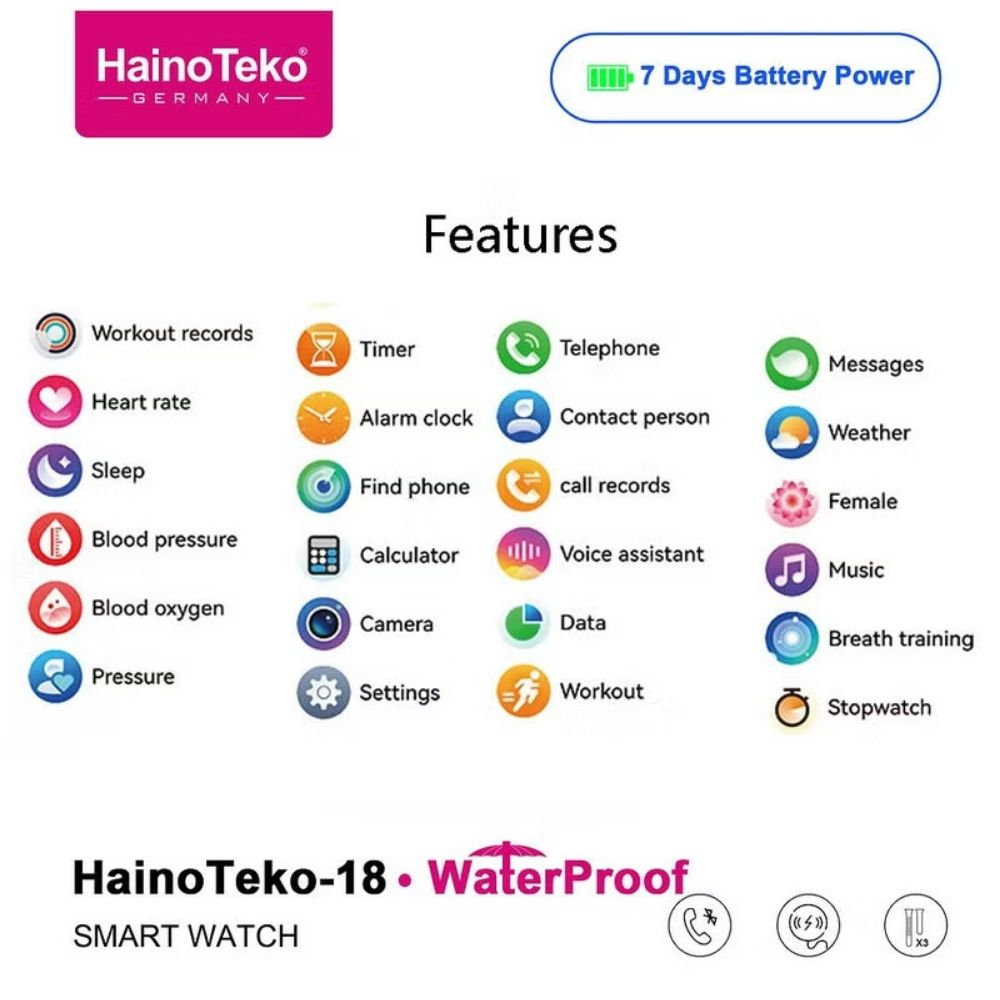 HAINOTEKO 18 Amoled Ekran Super Slim Tasarım Waterproof 3 Kordonlu Teko18S Akıllı Saat Siyah