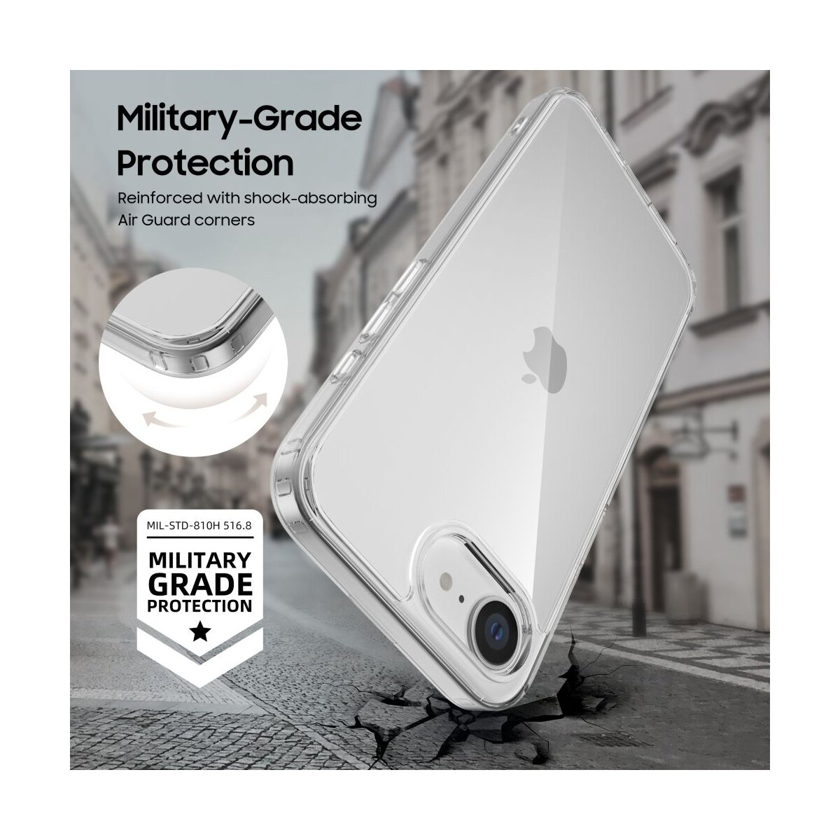 Ein klares Handyhülle mit "Militärgrad-Schutz"-Aufdruck fällt auf rissigen Boden.