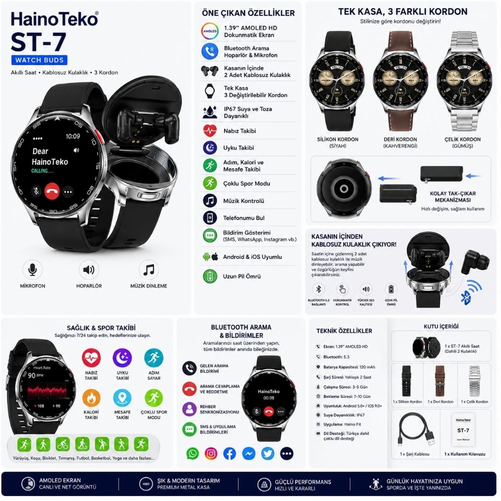 HainoTeko ST-7 Akıllı Saat, AMOLED ekran, Bluetooth, nabız ölçer ve 3 kordon.