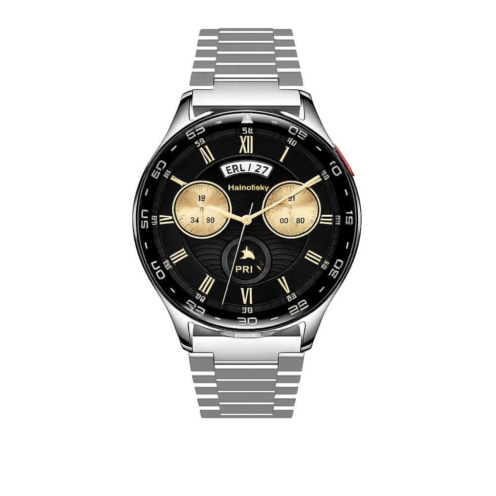 Siyah kadranlı ve Roma rakamlı gümüş akıllı saat.