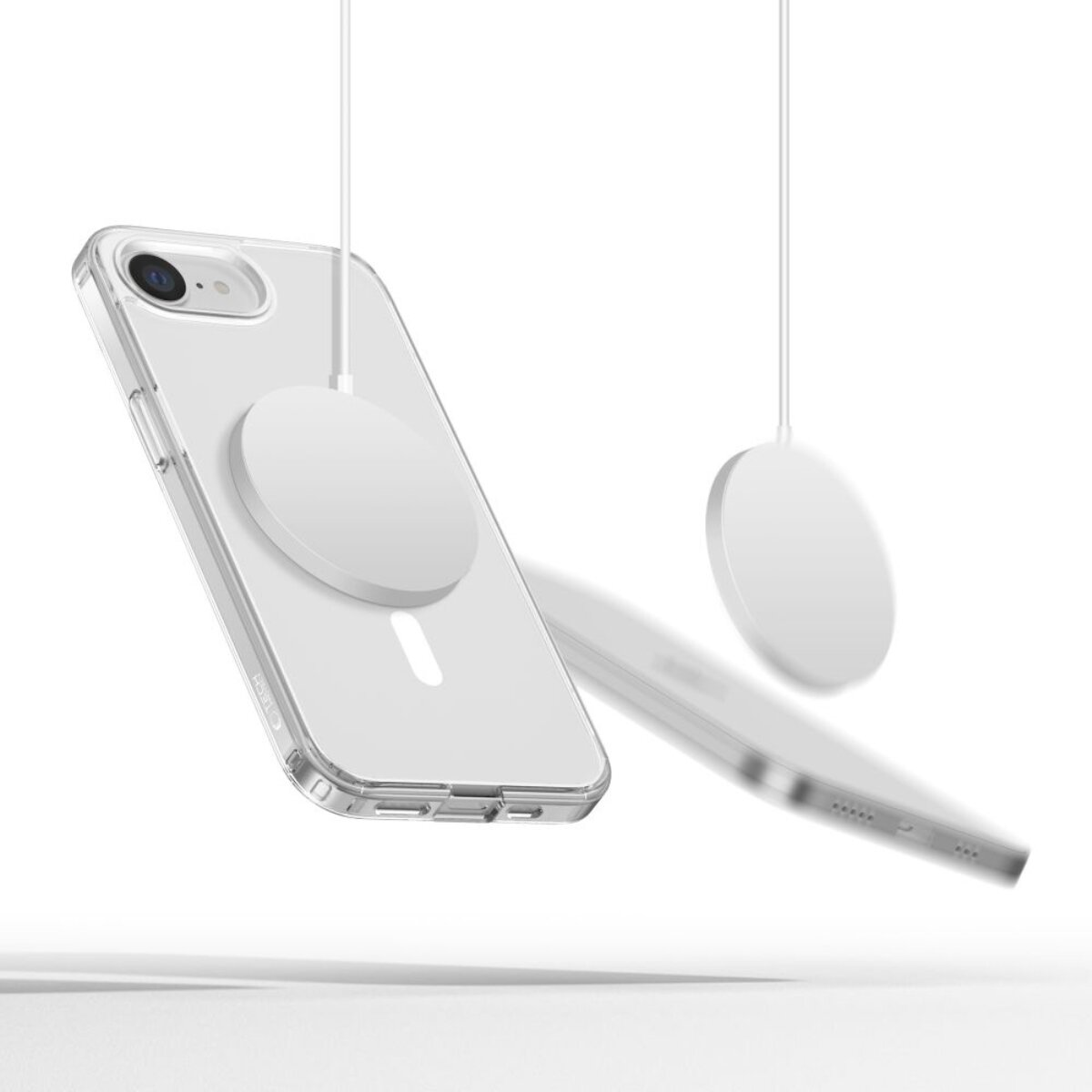 Ein durchsichtiges Handy mit magnetischem Ladegerät schwebt.