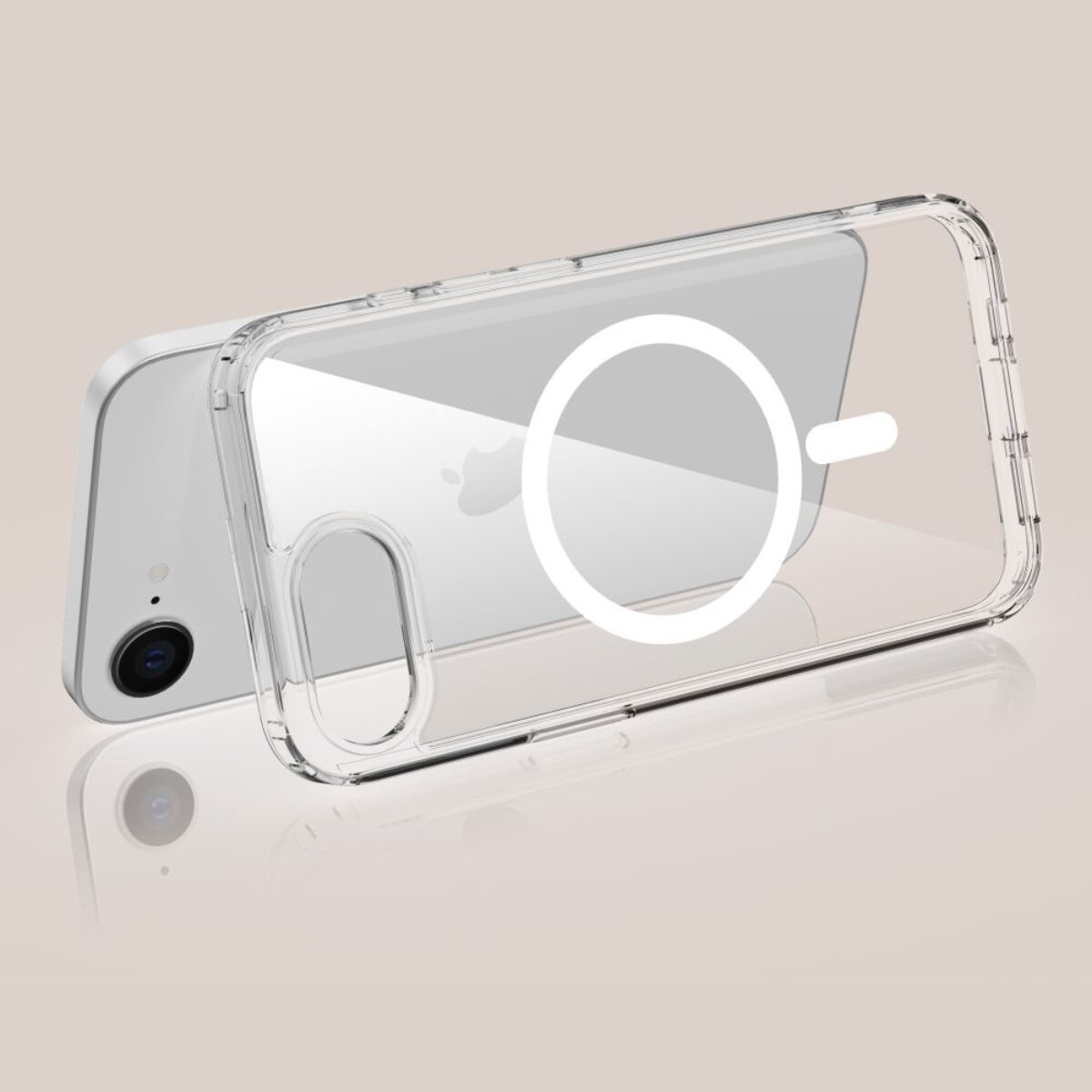 Ein durchsichtiges Handyhülle mit einem weißen Kreis und Strich auf einem iPhone.