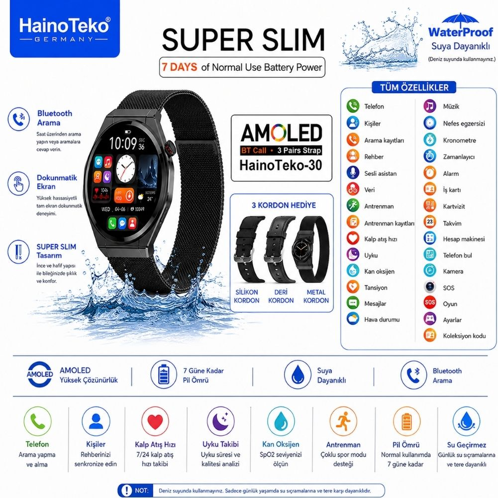Haino Teko Super Slim Akıllı Saat, AMOLED, 7 gün pil, su geçirmez, 3 kordonlu.