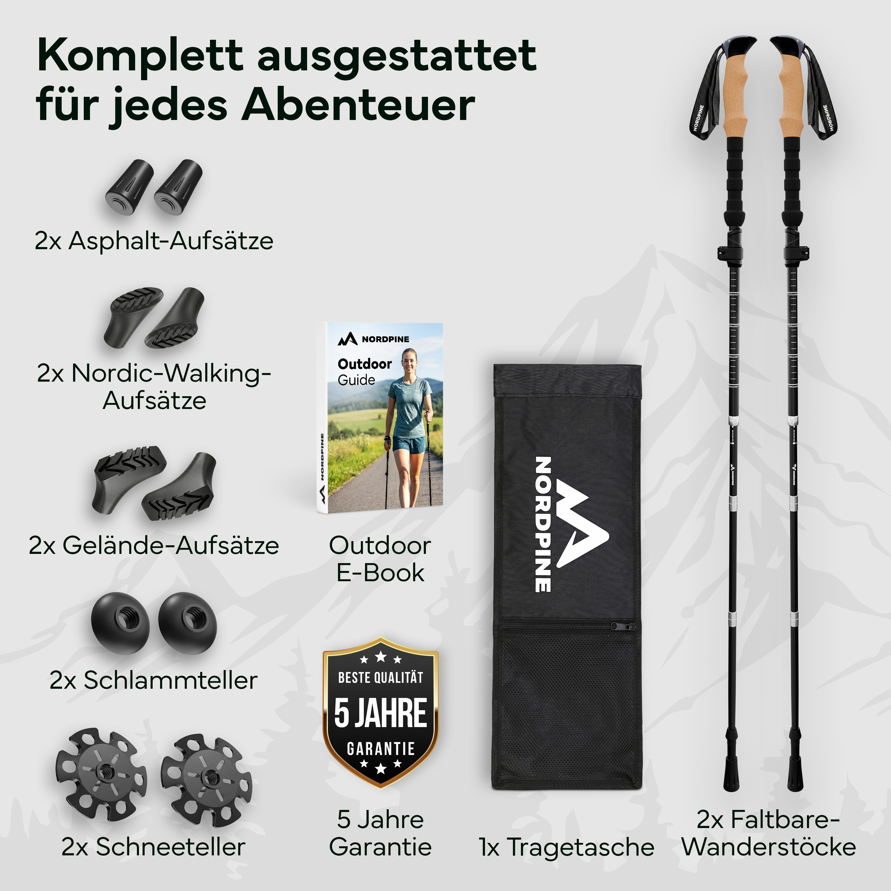 Wanderstöcke mit Zubehör: Aufsätze, E-Book, Tasche, Garantie.