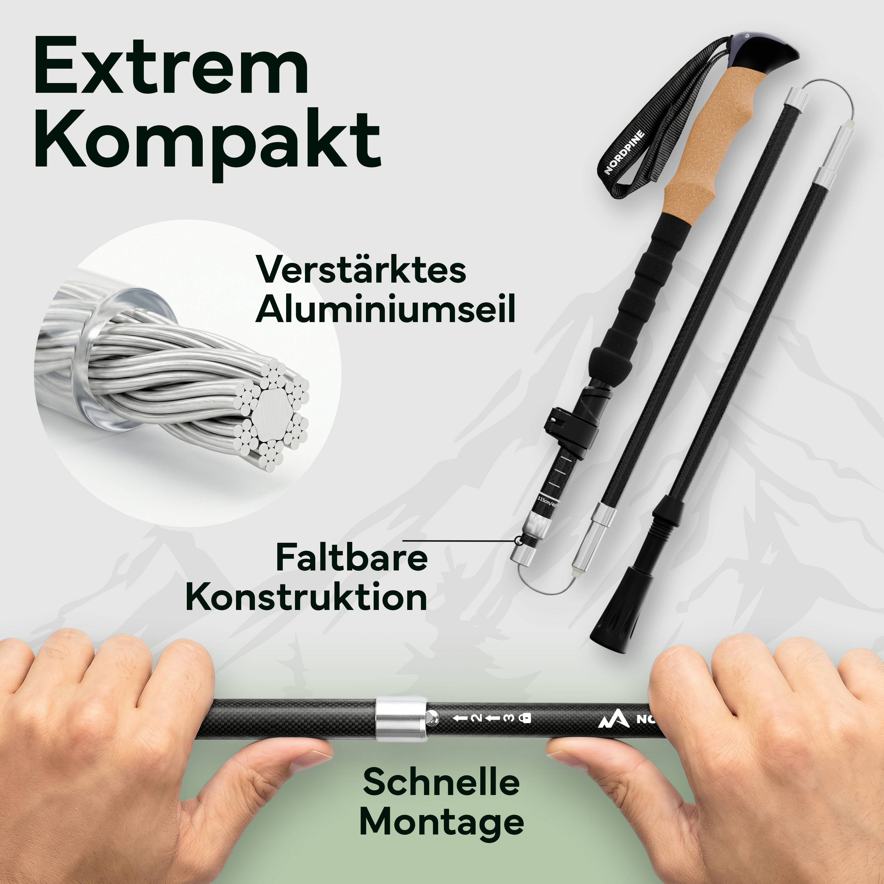 Ein NORDPIINE Wanderstock mit Korkgriff und Aluminiumseil-Detail.