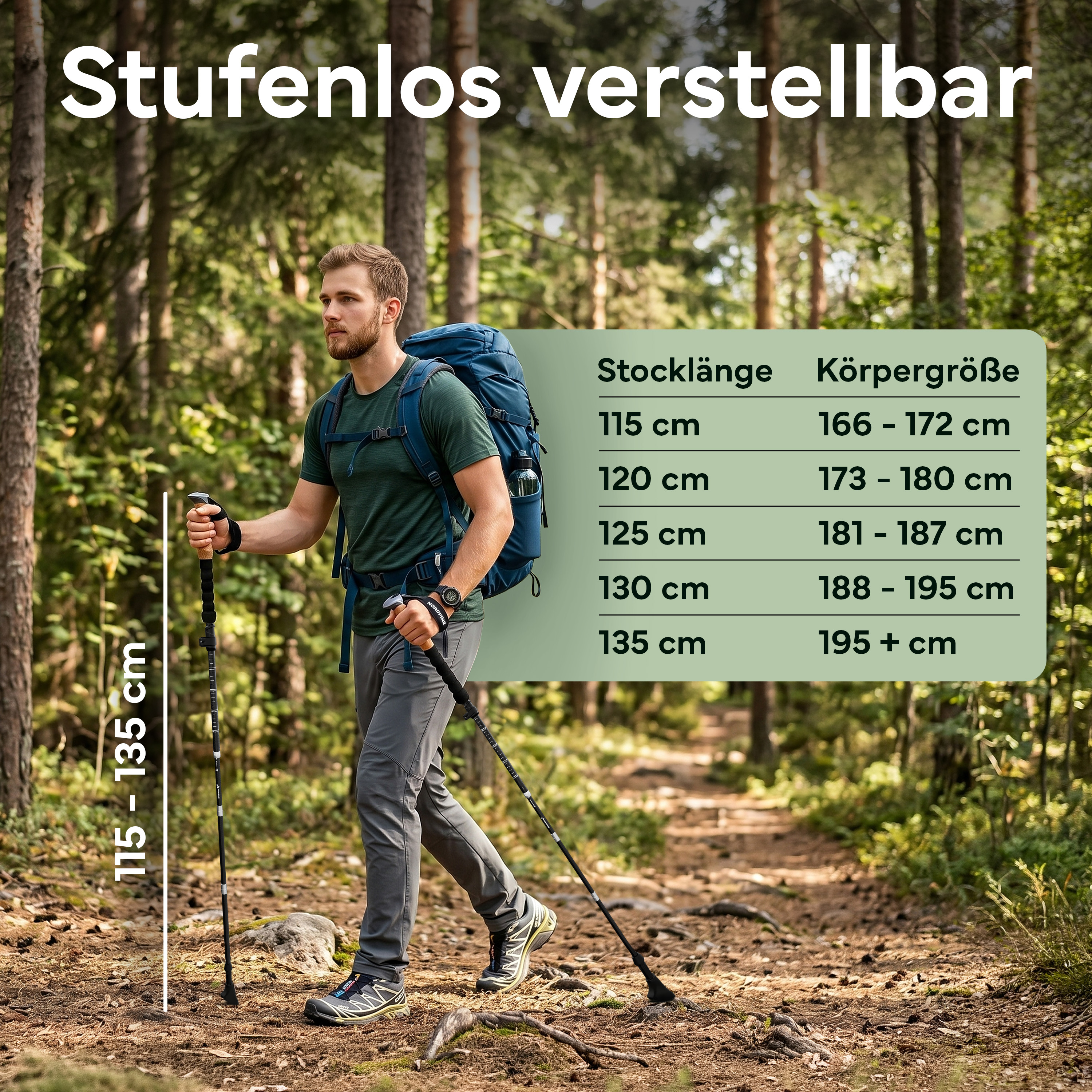 Ein Mann wandert mit Trekkingstöcken in einem Wald, mit Textüberlagerung, die verstellbare Stocklängen und entsprechende Körpergrößen zeigt.