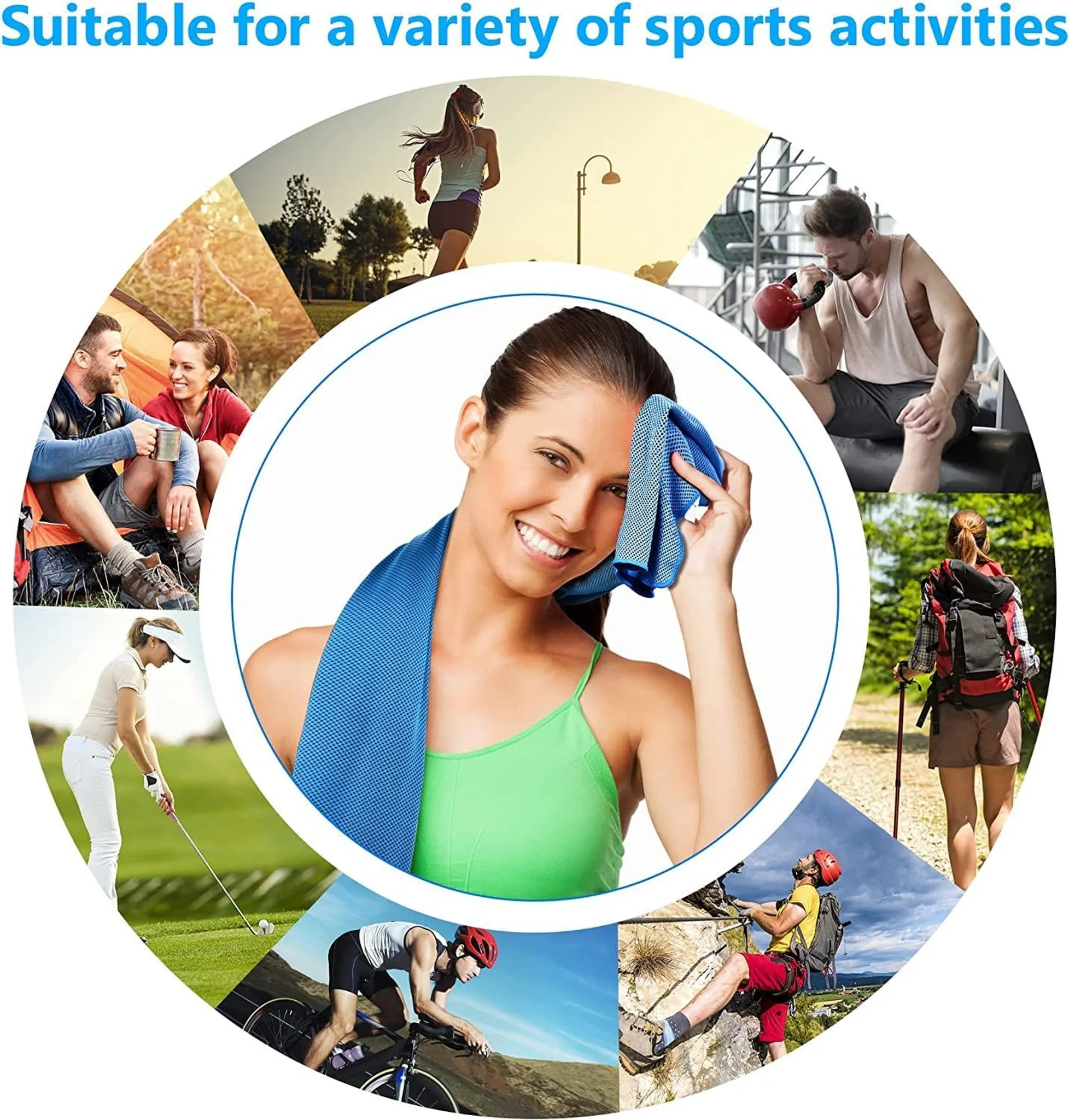Collage von Sportlern: Laufen, Gewichtheben, Wandern, Klettern, Radfahren, Golf.