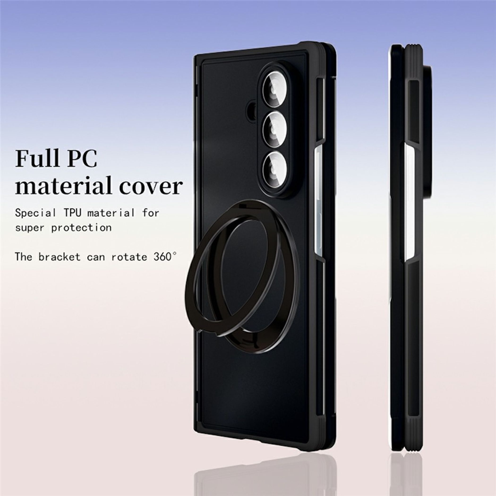 Schwarze Handyhülle mit Ringhalterung, 360° drehbar, PC/TPU Material.