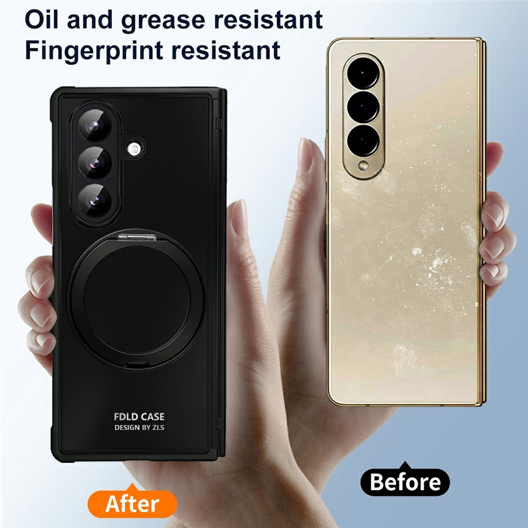 Schwarze Handyhülle mit Ringhalterung (danach) neben einem goldenen Handy mit Schlieren (davor).