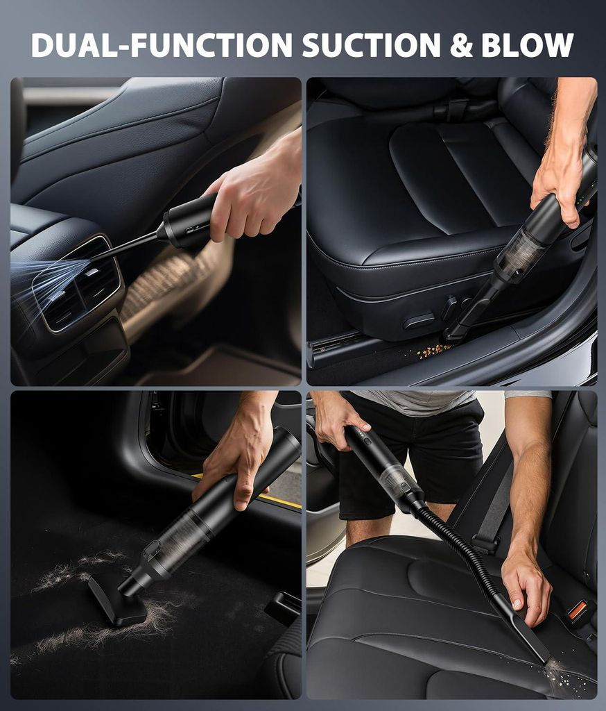 Vier Bilder zeigen die Reinigung eines Autos mit einem Handstaubsauger.