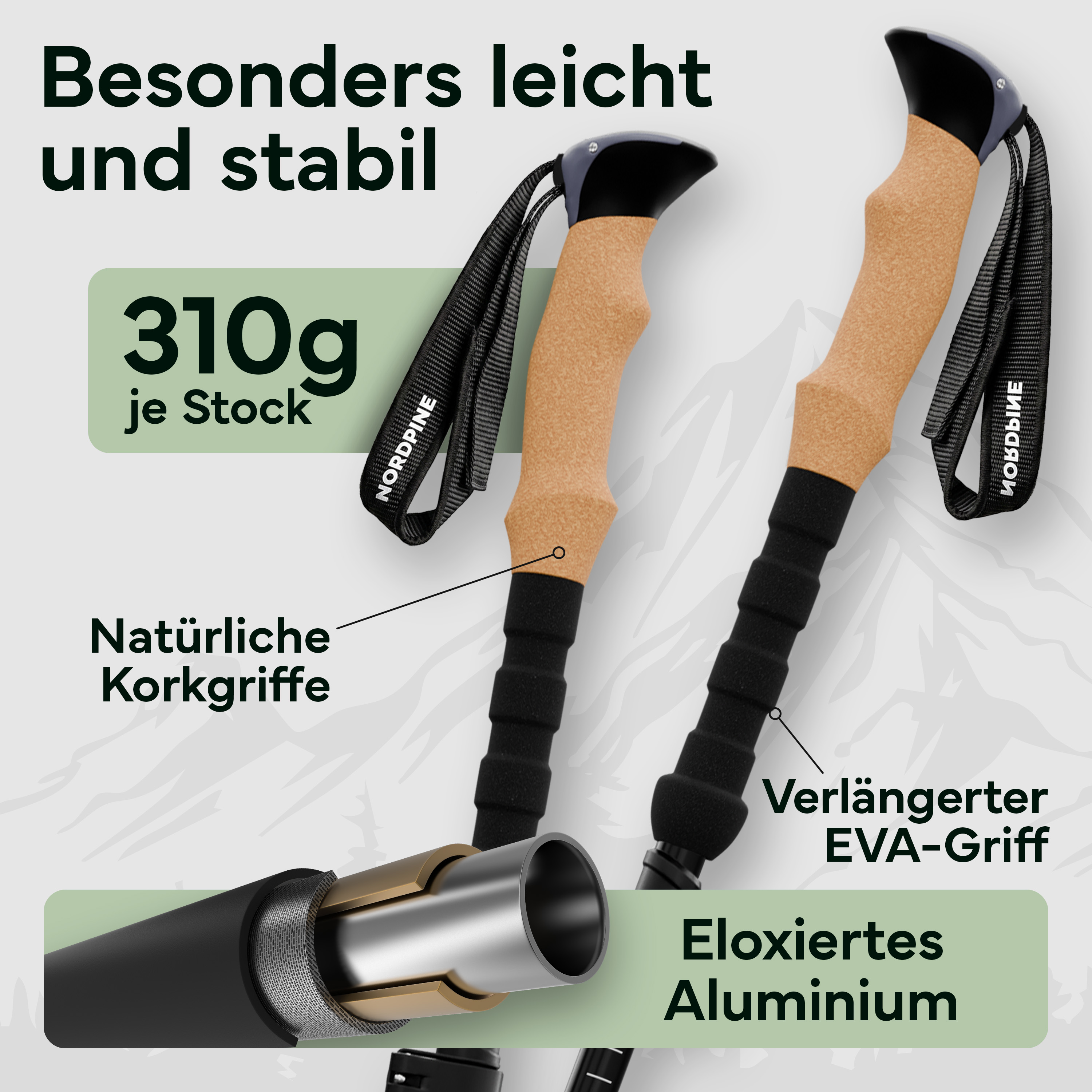 Zwei leichte und stabile Trekkingstöcke mit Korkgriffen und EVA-Griffen.