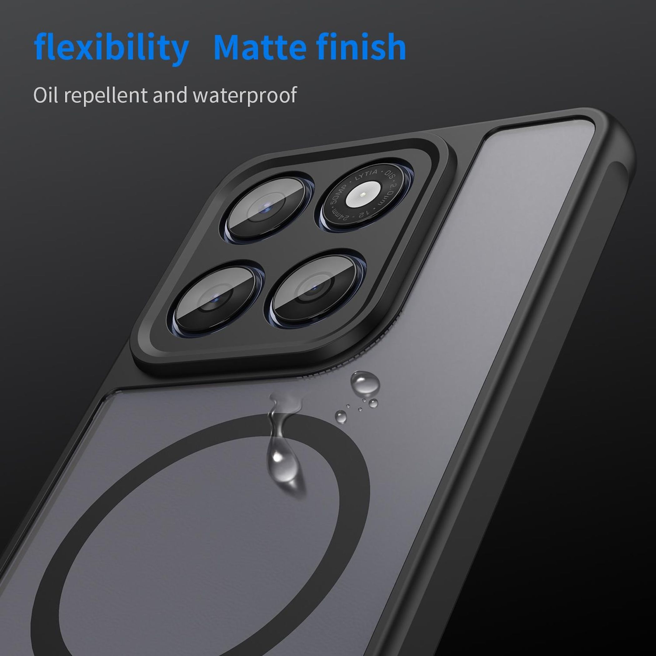 Schwarze Handyhülle mit Kameralinsen und Wassertropfen. Flexibilität und mattes Finish.