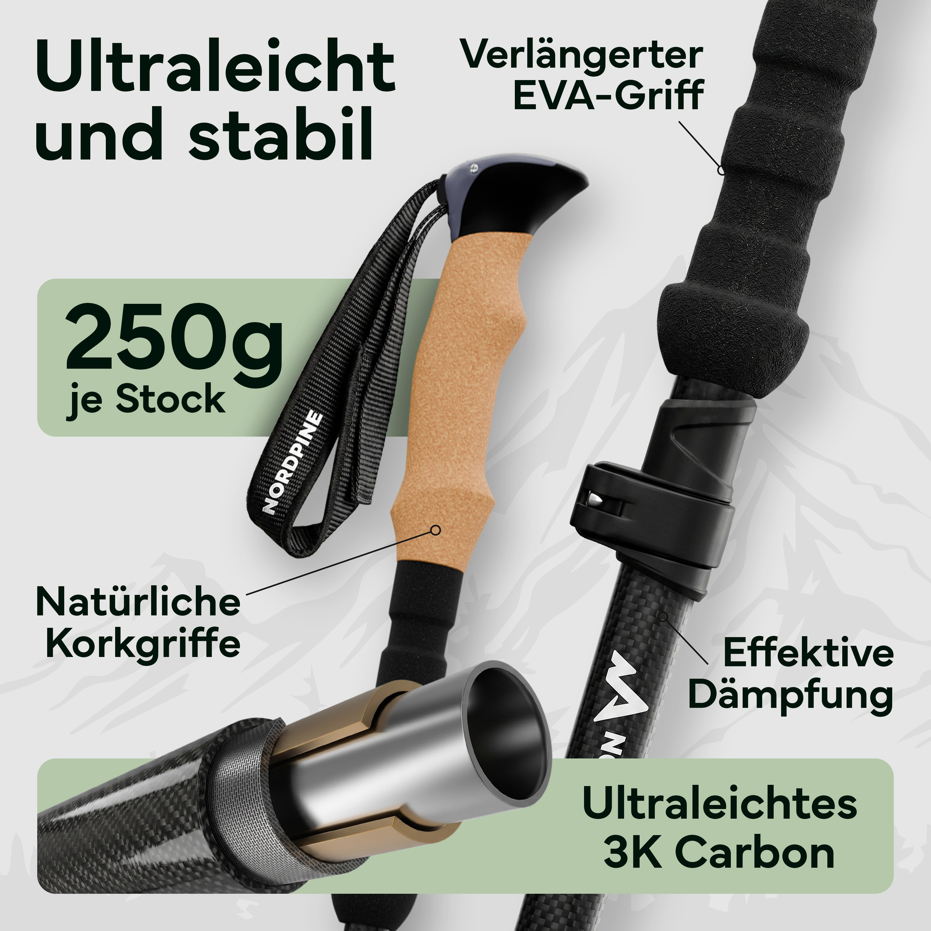 Ultraleichte Wanderstöcke mit Kork- und EVA-Griffen, 250g, 3K Carbon.