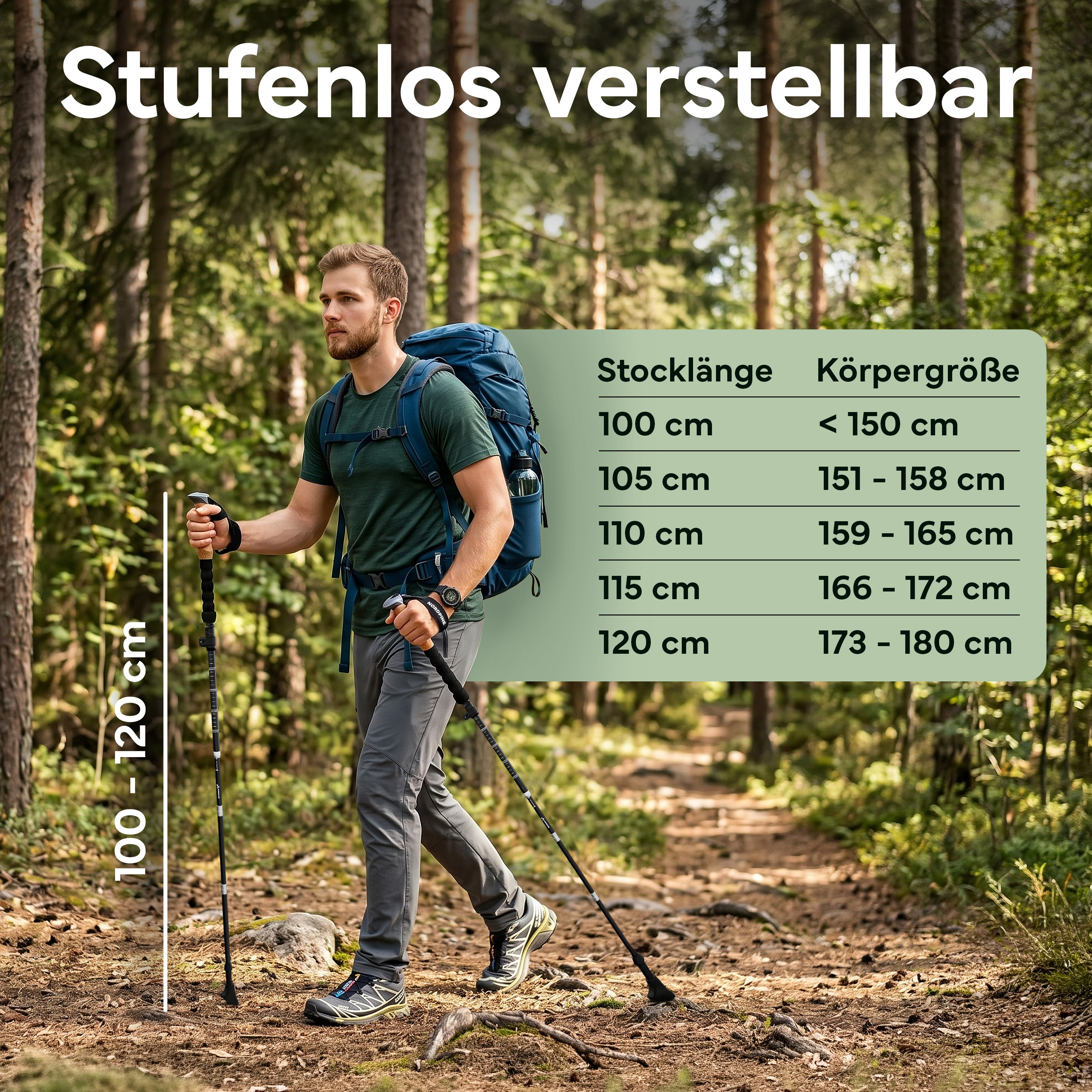 Ein Mann mit Rucksack und Wanderstöcken im Wald. Eine Größentabelle ist rechts.