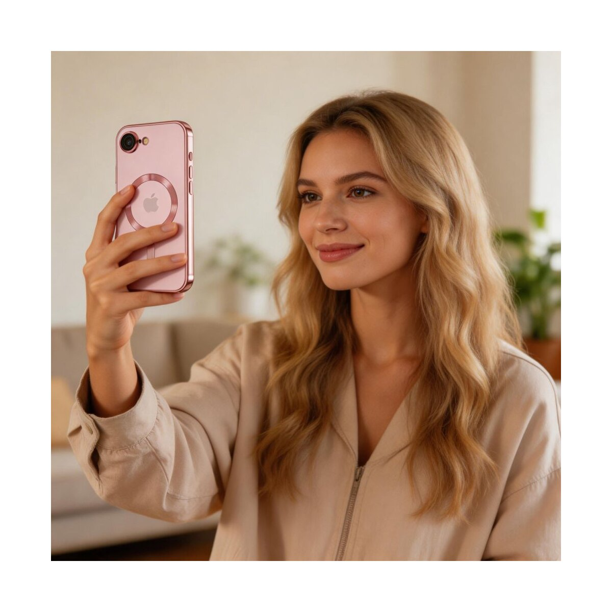 Eine Frau mit blonden Haaren hält ein rosafarbenes iPhone mit einem Apple-Logo, um ein Selfie zu machen.