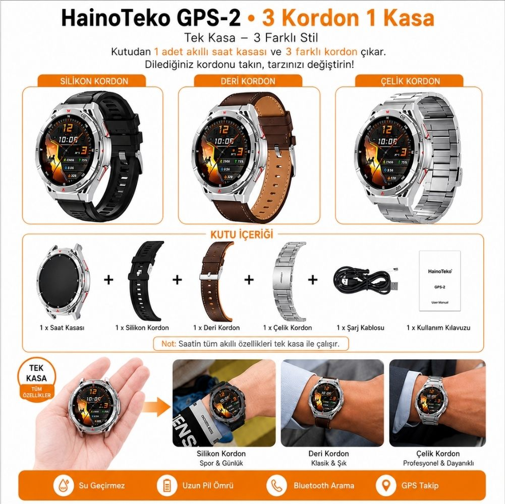Değiştirilebilir kordonlu 3 HainoTeko GPS-2 akıllı saat: silikon, deri, çelik. Kutu içeriği: kasa, 3 kordon, kablo, kılavuz.