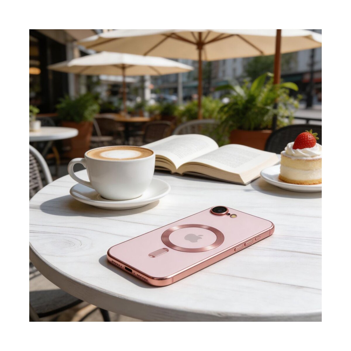 Ein roségoldenes iPhone liegt auf einem Tisch mit Kaffee, Kuchen und einem Buch.