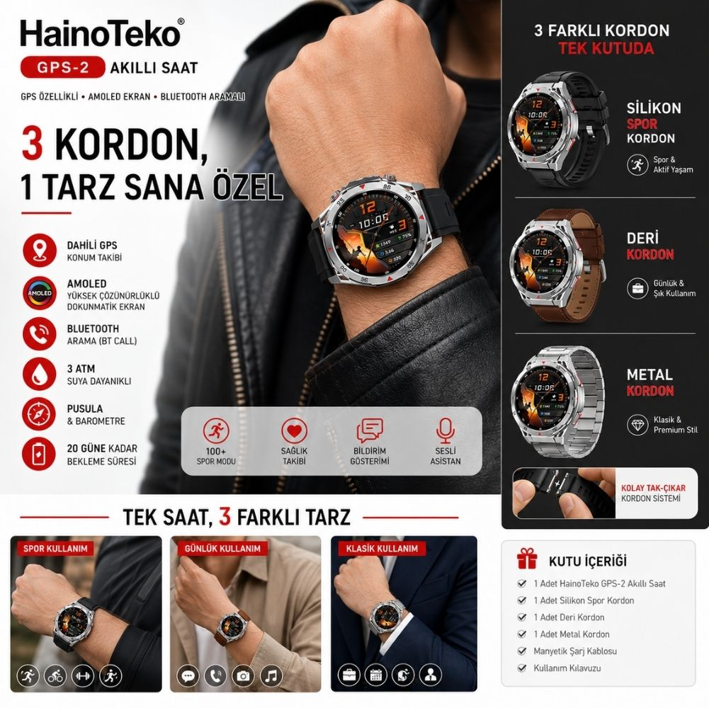 HainoTeko GPS-2 Akıllı Saat, 3 kordon: silikon, deri, metal.