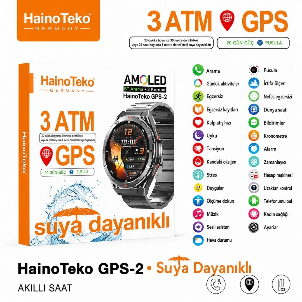 Haino Teko Akıllı Saat, AMOLED ekran, 3 ATM su geçirmez, GPS özellikli.