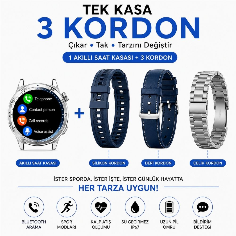 Akıllı saat kasası, 3 kordon: silikon, deri, metal. Özellikler: aramalar, kalp atışı.