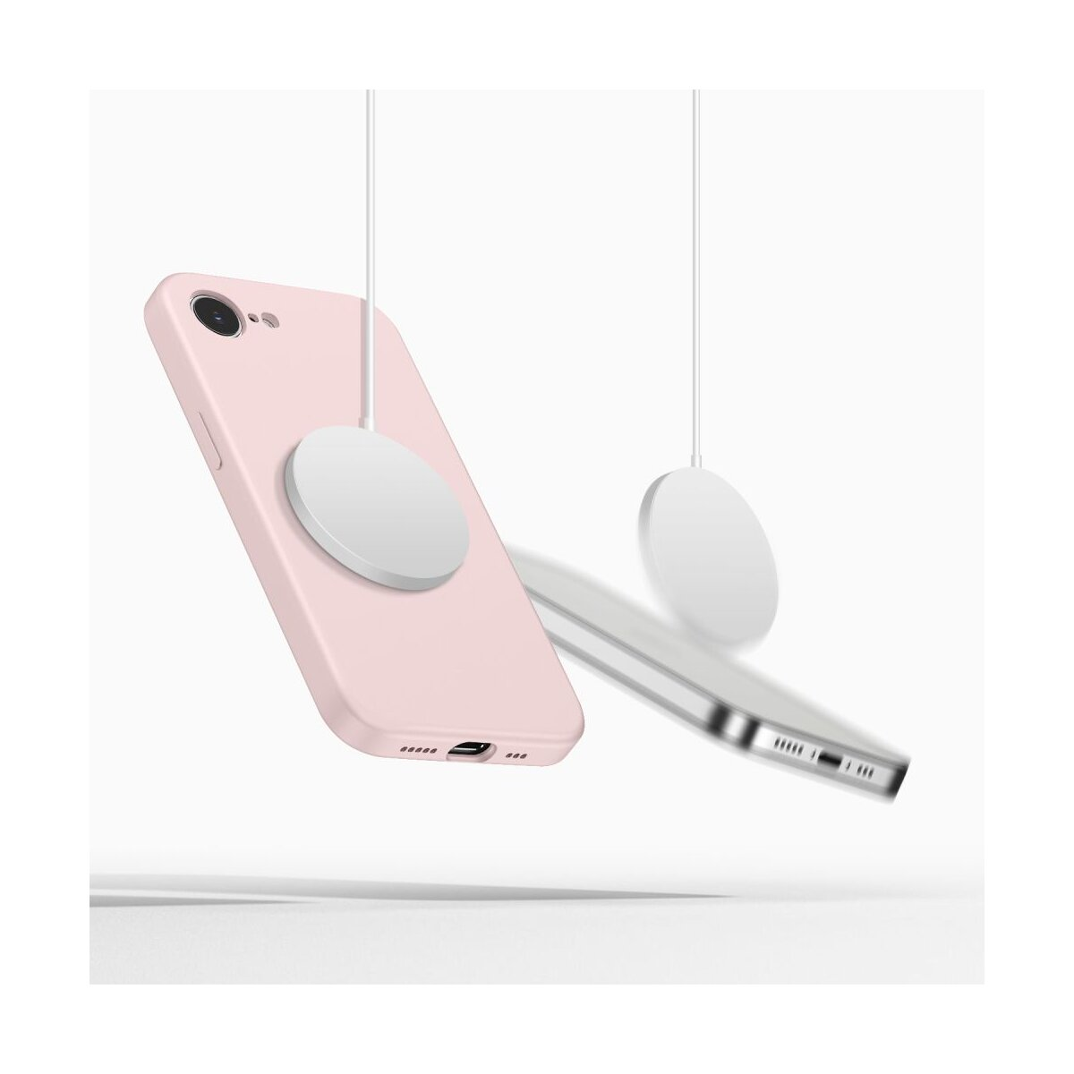 Rosa Handyhülle mit magnetischem Ladegerät. Silbernes Handy darunter.