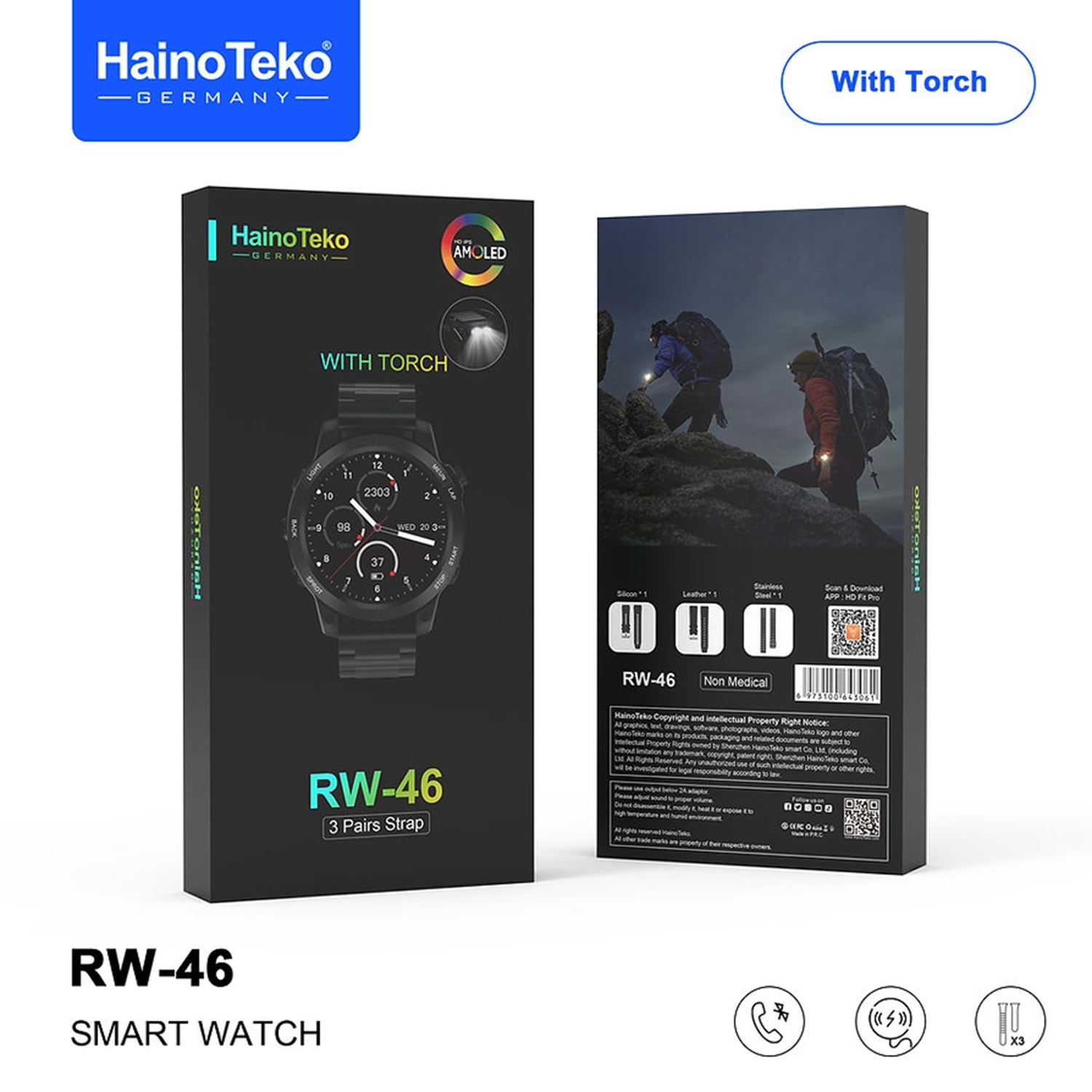 Hikerlar ve ürün detayları içeren Haino Teko RW-46 akıllı saat ambalajı.