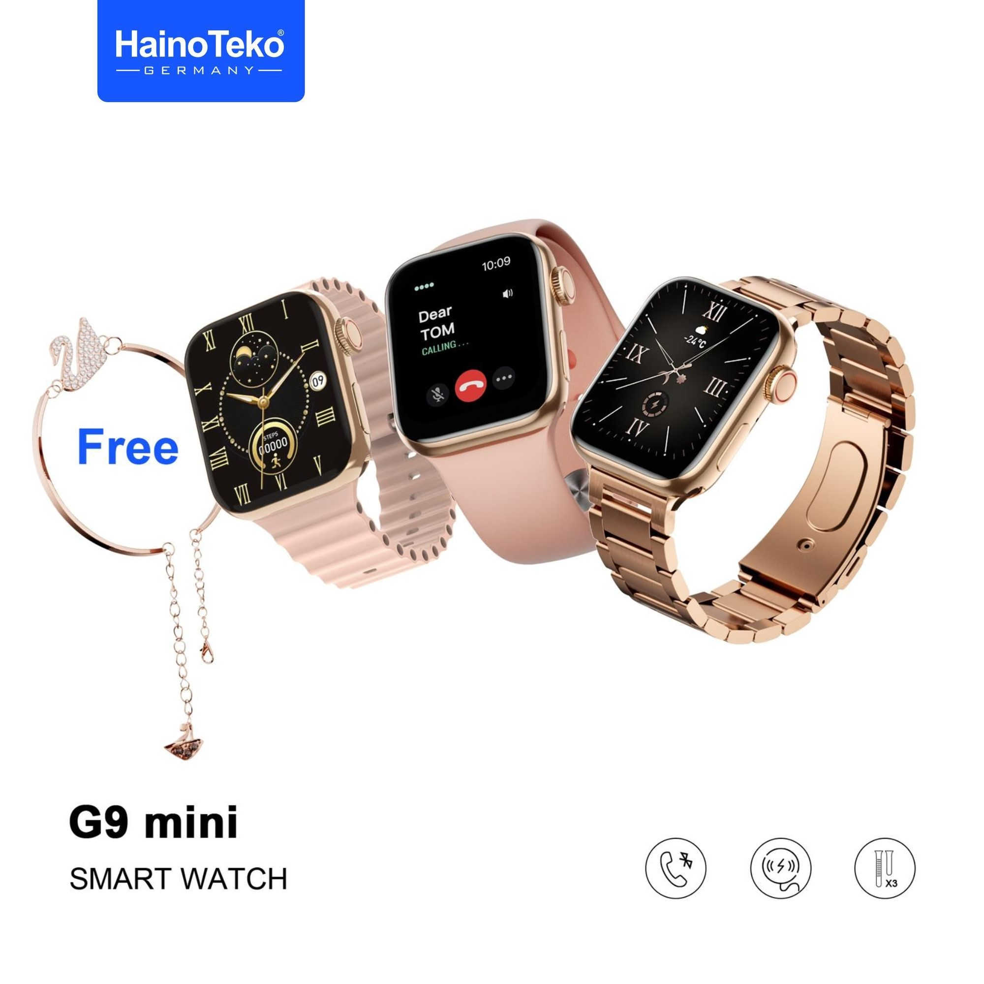 Üç rose gold akıllı saat: biri kuğu bileklikli, biri çağrı gösteriyor, biri sıcaklık gösteriyor.