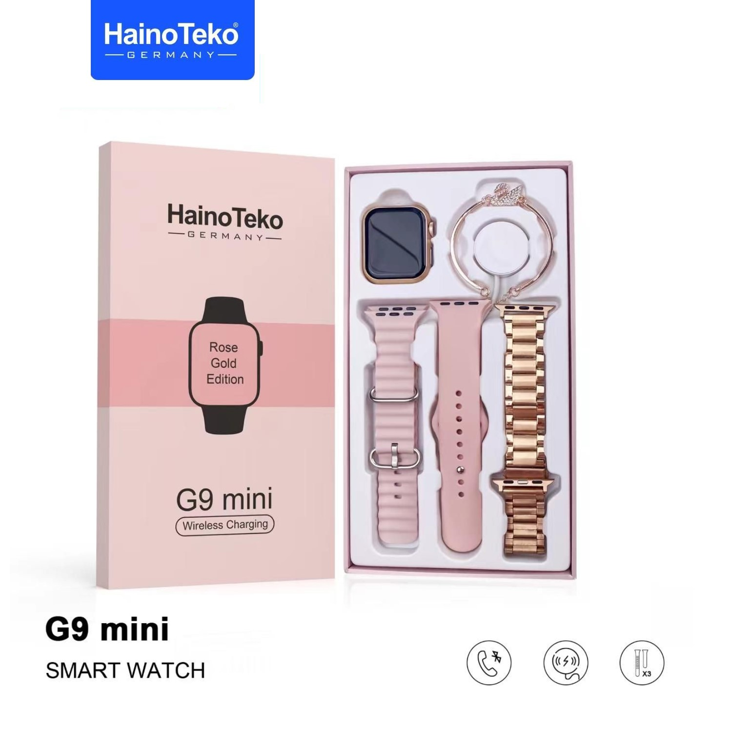 Rose gold Haino Teko G9 mini akıllı saat kutusu, saat, rose gold metal ve pembe silikon kayışlar ile.