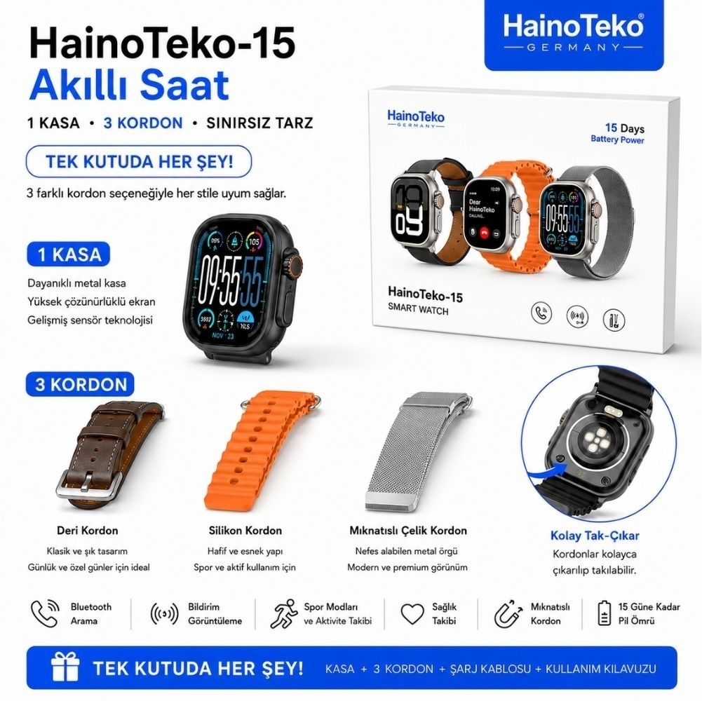 HainoTeko-15 Akıllı Saat 3 kordon: Deri, Silikon, Çelik. Metal kasa.