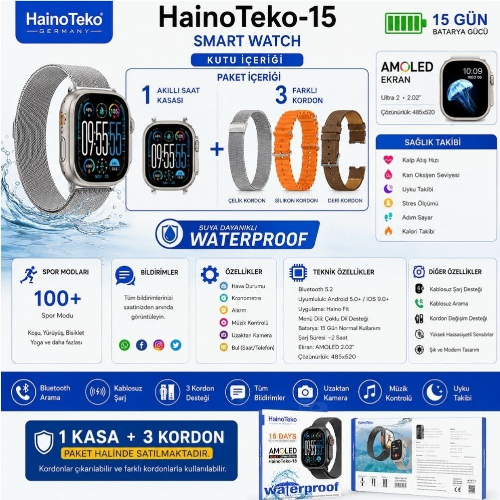 Haino Teko-15 Akıllı Saat, AMOLED ekran, 3 kordon, su geçirmez, 15 gün pil ömrü.
