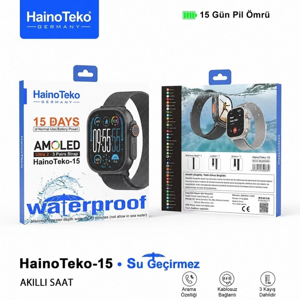 HainoTeko-15 Akıllı Saat AMOLED ekran, 15 gün pil ömrü, su geçirmez.