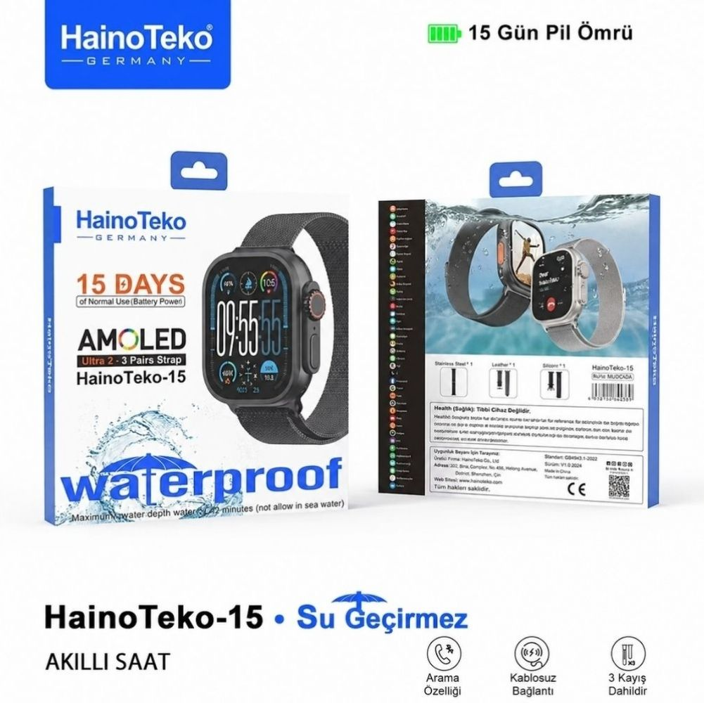 Haino Teko-15 akıllı saat kutusu, su geçirmez, 15 gün pil ömrü, kordonlar dahil.