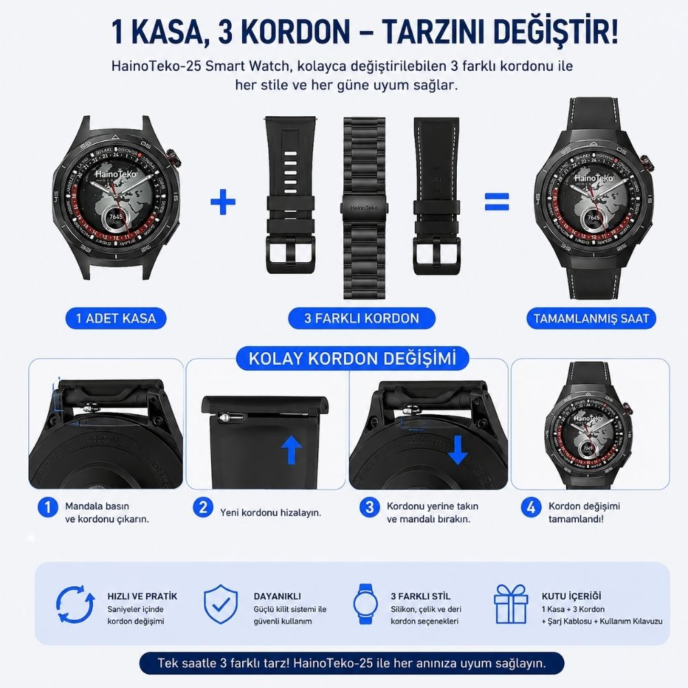 Üç değiştirilebilir kordonlu akıllı saat: kasa, üç kordon, tamamlanmış saat.
