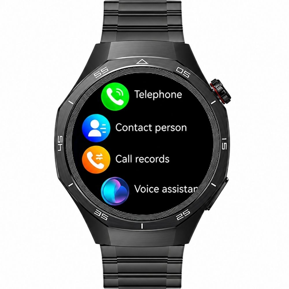 Telefon seçeneklerini gösteren dokunmatik ekranlı siyah bir akıllı saat.